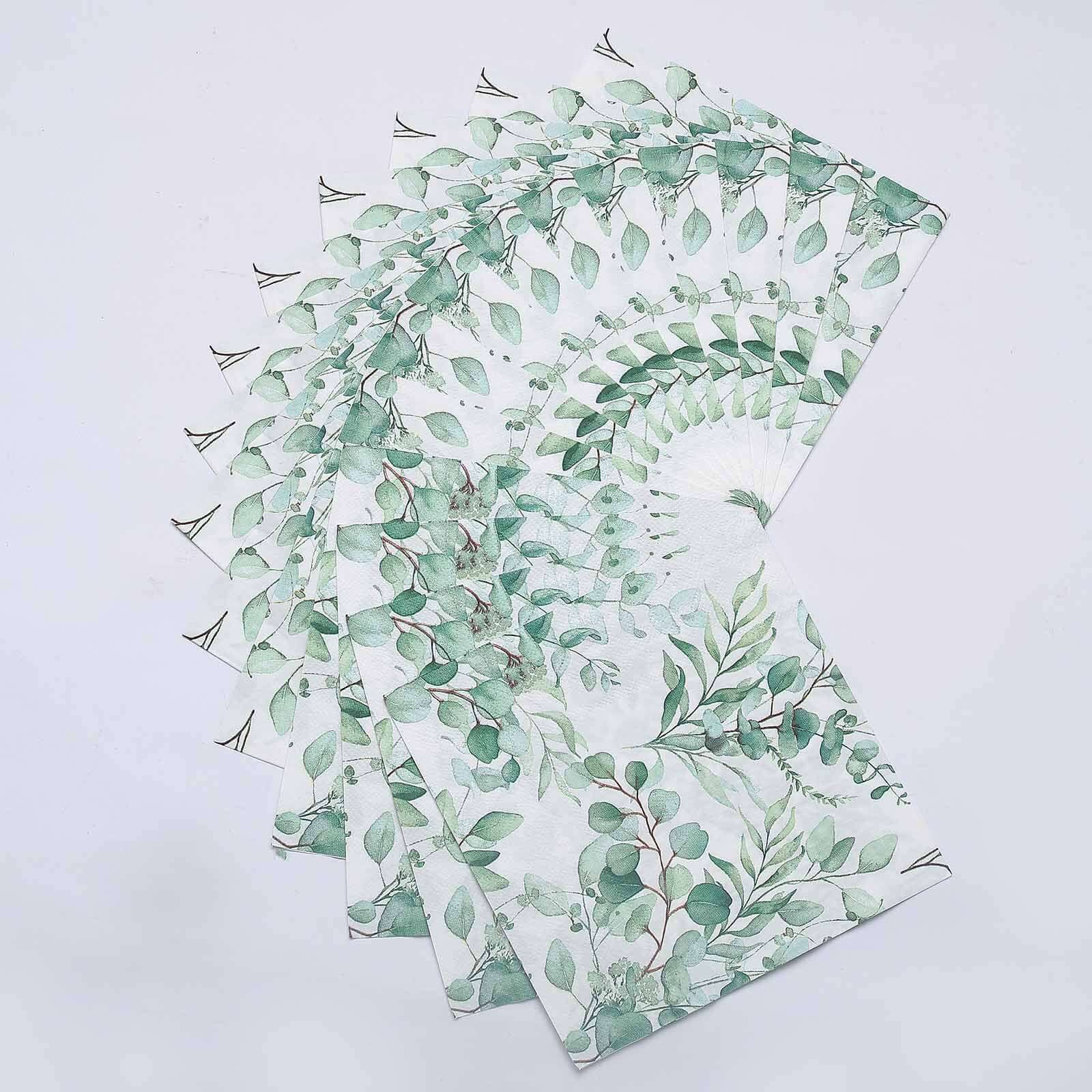 50-Pack Paper Beverage Napkins with Green Foliage Eucalyptus Leaves Design - 2 Ply Soft 18GSM Boho Wedding Napkins 6.5"x6.5"