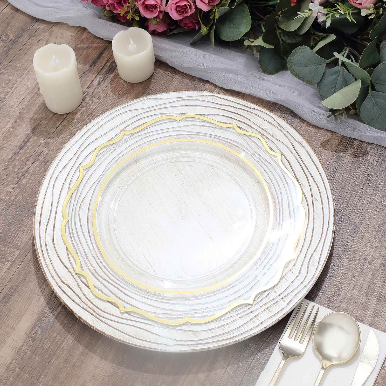 6-Pack Faux Wood Round Charger Plates 13" White Washed with Rose Embossed Rim, Disposable Plastic Charger Tableware