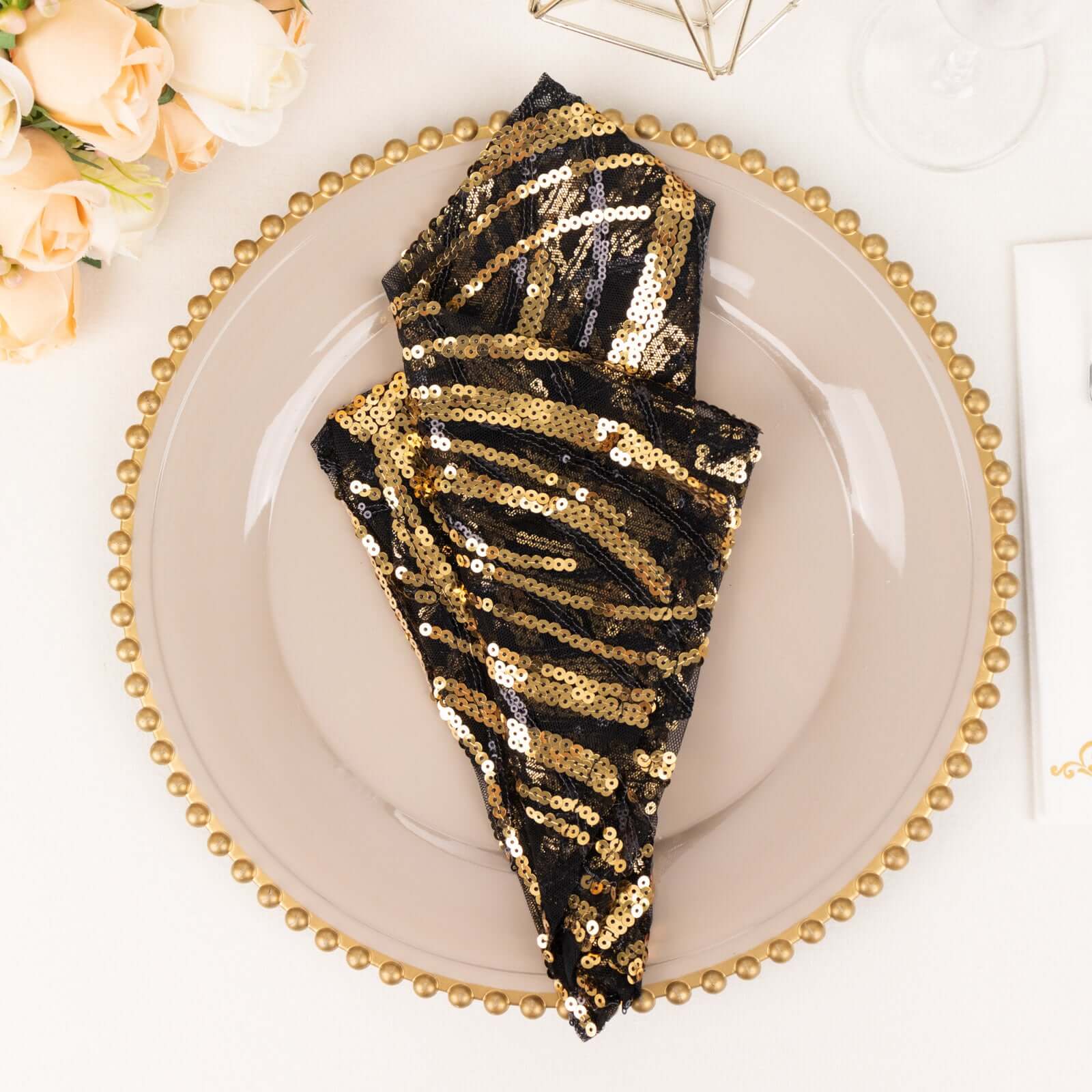 Sequin Mesh 20"x20" Napkin Black Gold - Wave Embroidered Reusable Napkin