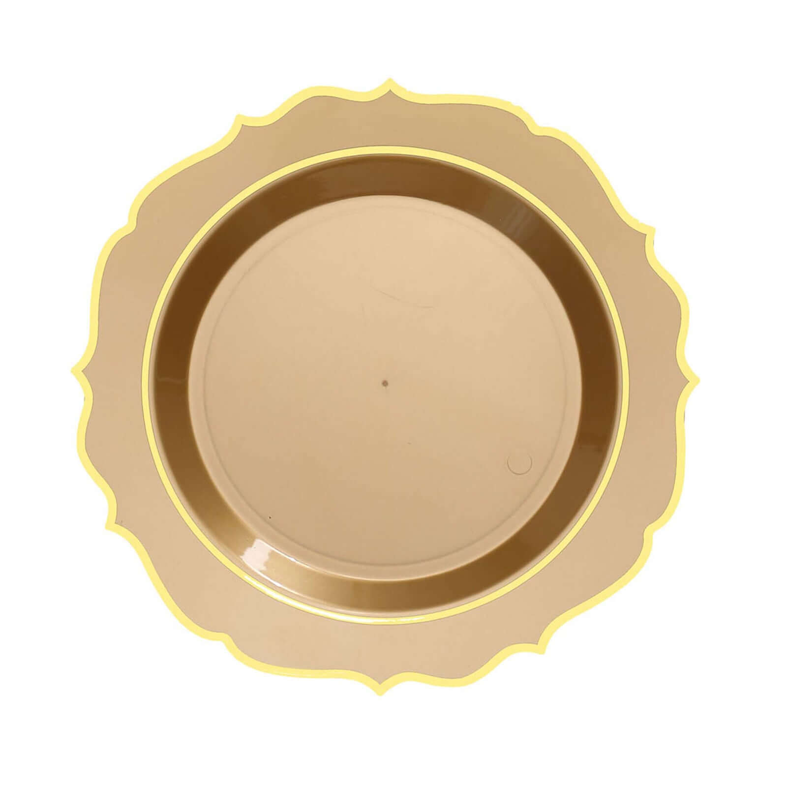 10-Pack Plastic 8" Round Desert Plates in Gold with Gold Scalloped Rim - Disposable Appetizer/Salad Plates