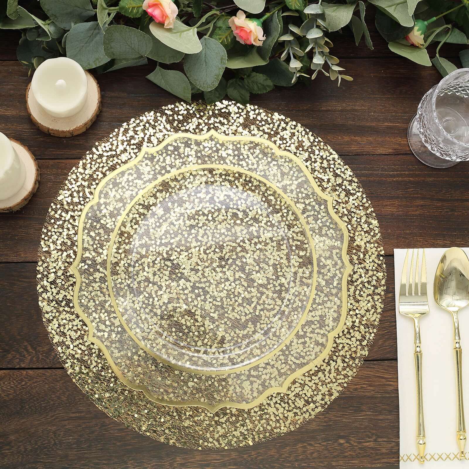 10-Pack Table Placemats Sequin Design Metallic Gold Round - Mesh Disposable Dust-Free Dining Mats 13"