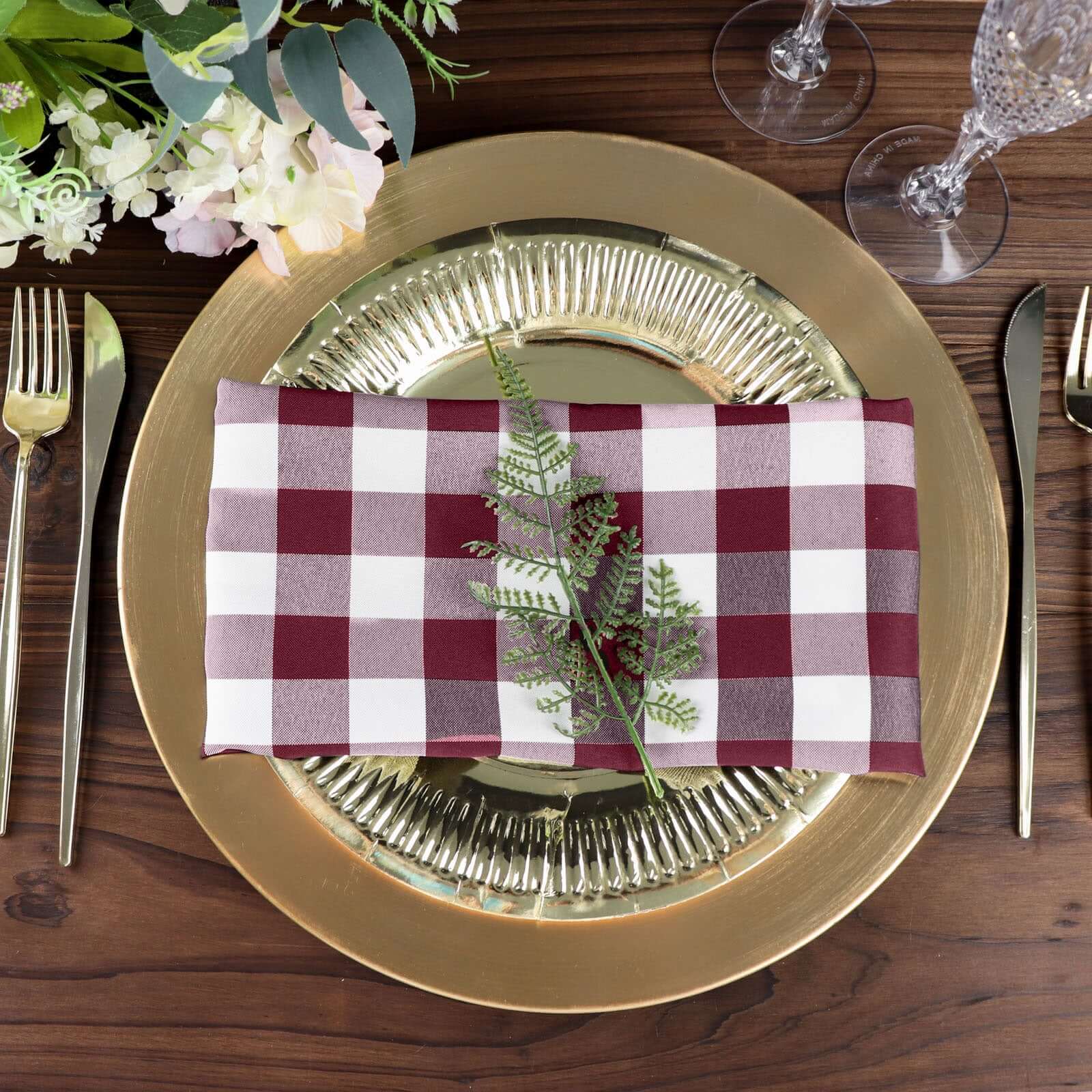 5 Pack Polyester 15"x15" Napkins Burgundy/White Buffalo Plaid Gingham Style Cloth Napkins