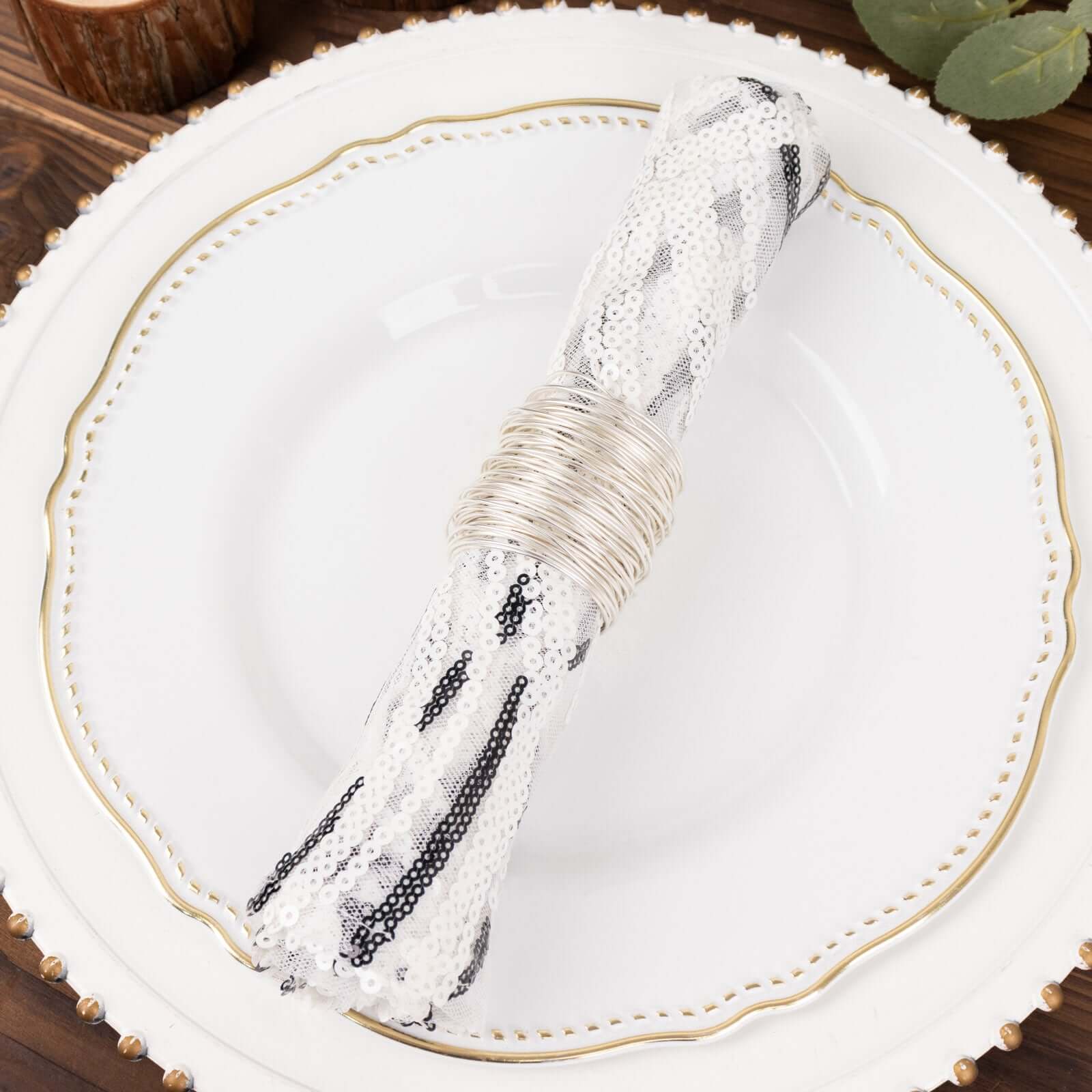 Sequin Mesh 20"x20" Napkin White Black - Wave Embroidered Reusable Napkin