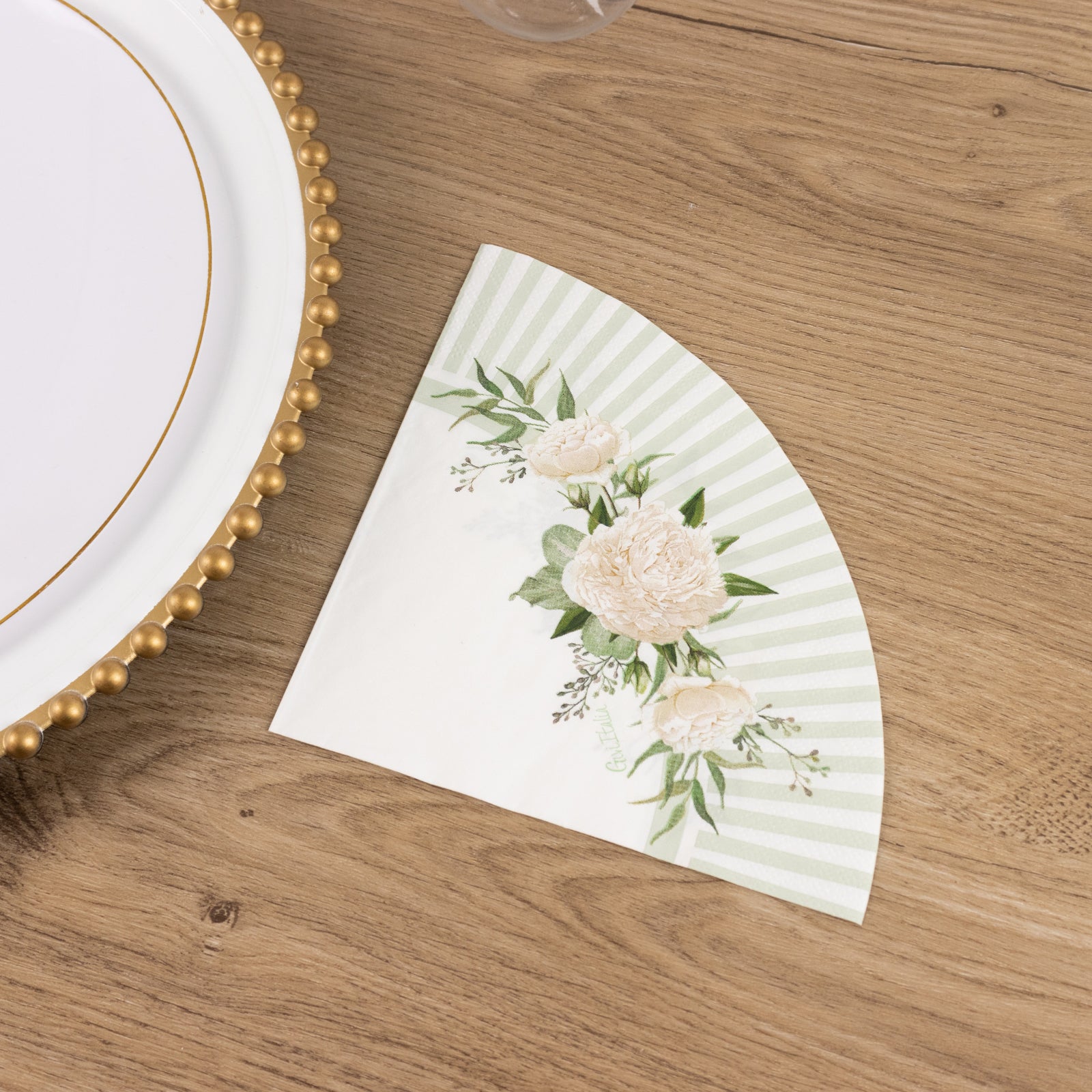 25-Pack Round Paper Cocktail Napkins with Floral Lined Pattern White/Sage Green - Disposable 2 Ply Beverage Napkins 12"