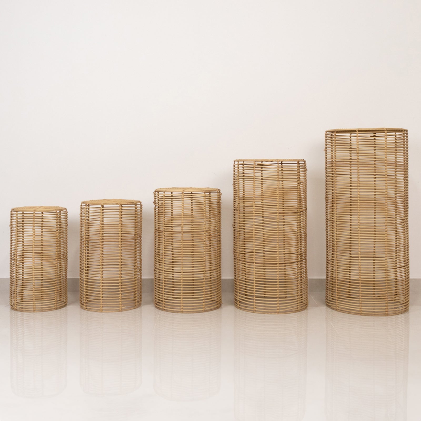 Set of 5 Natural Woven Rattan Wicker Pedestal Stands, Boho Chic Side Table Cylinder Cake Dessert Plant Display Stands - 20",21",24",29",36"