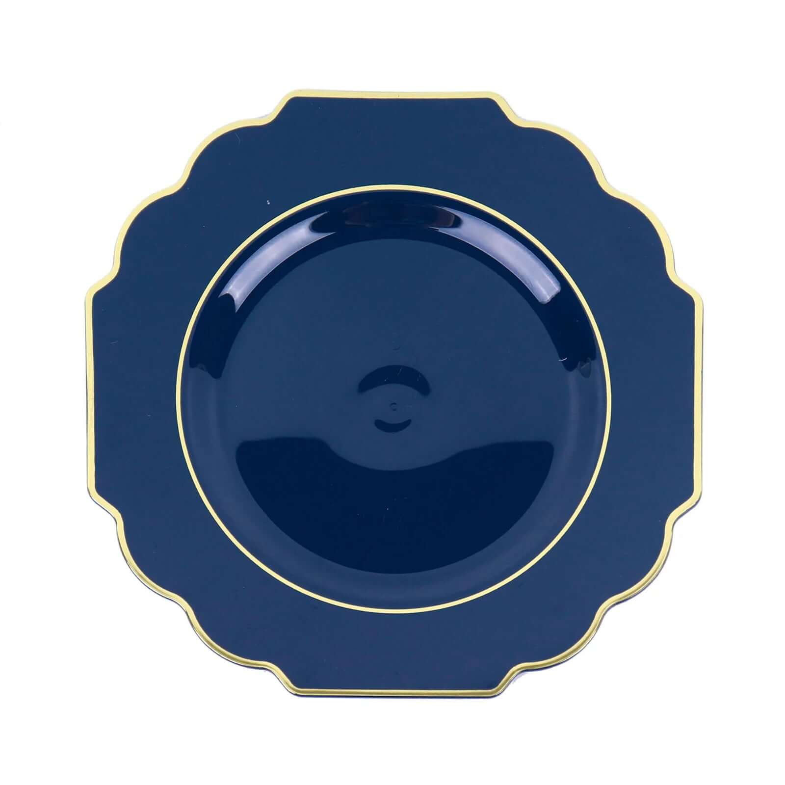 10-Pack Plastic Dinner Plates in Navy Blue Baroque Design with Scalloped Gold Rim - Heavy Duty Disposable Party Plates 11"