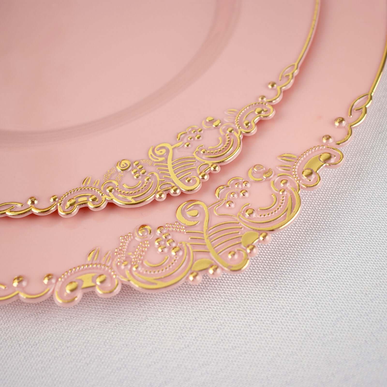 10-Pack Plastic 8" Round Dessert Plates in Dusty Rose with Gold Leaf Embossed Rim - Disposable Vintage Baroque Style Salad Plates