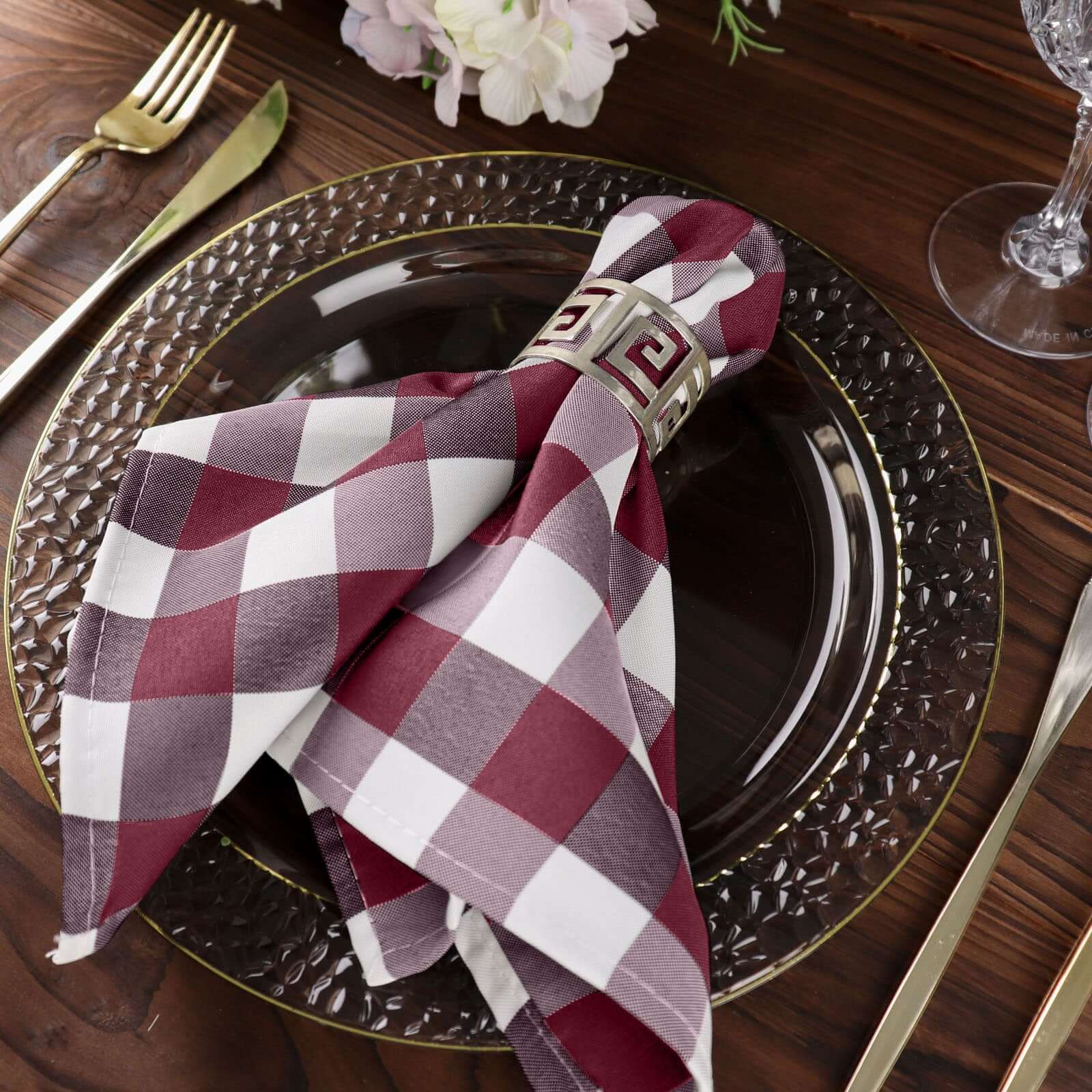 5 Pack Polyester 15"x15" Napkins Burgundy/White Buffalo Plaid Gingham Style Cloth Napkins