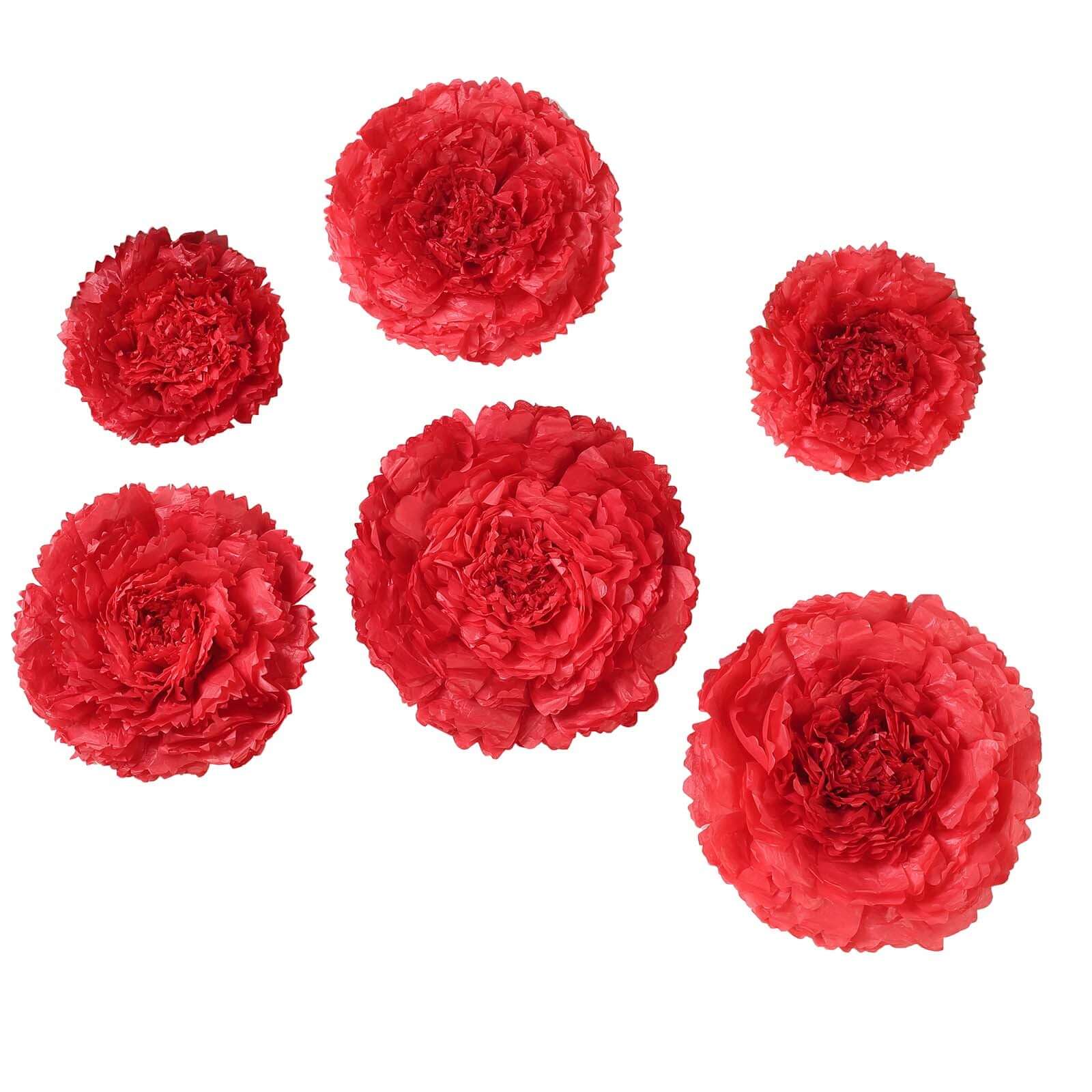 Set of 6 Red Giant Carnation 3D Paper Flowers Wall Decor - 12",16",20"