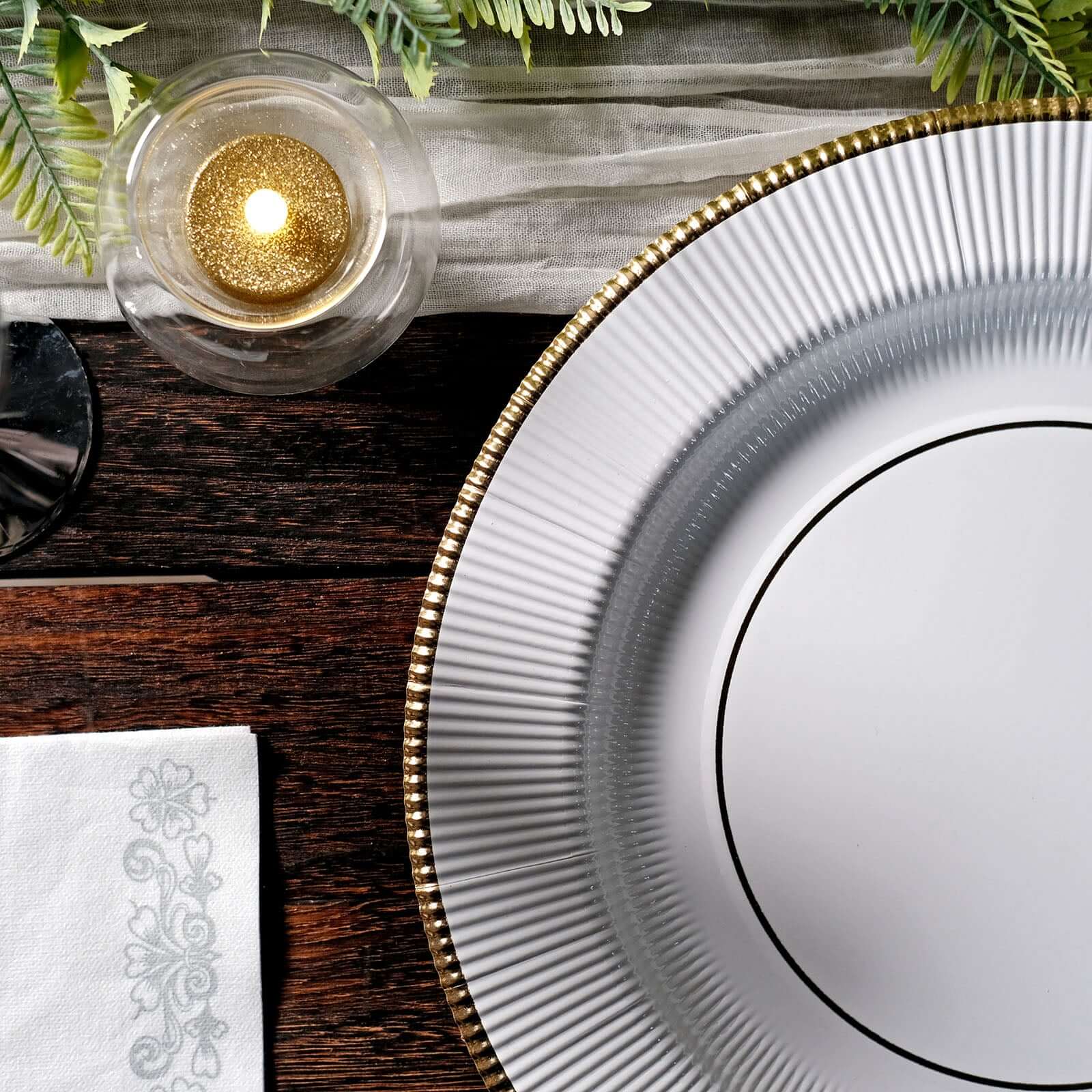 25-Pack Disposable Round Charger Plates in White Sunray Design with Gold Rim - 350GSM Heavy Duty Paper Chargers for Chic Table Settings 13"
