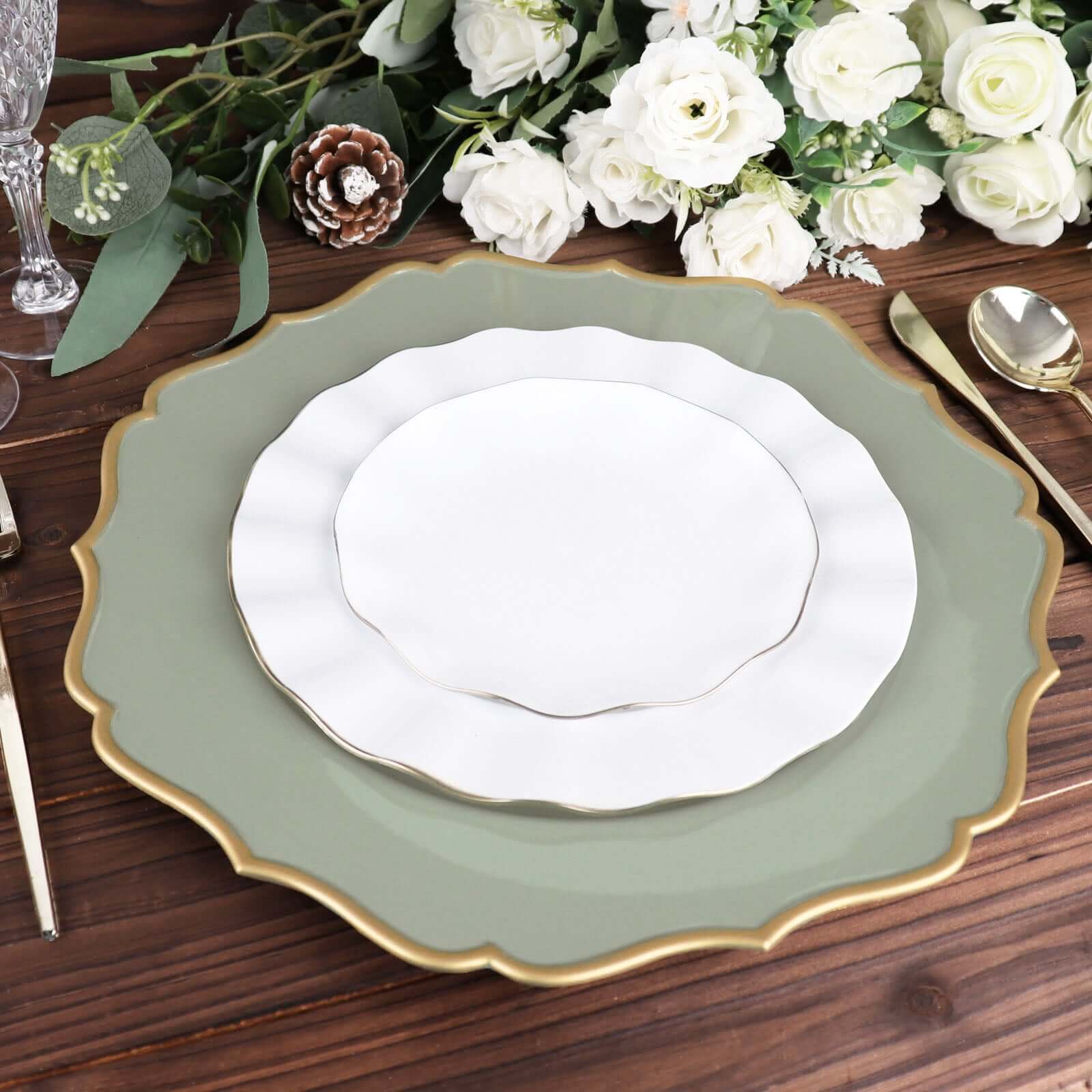 6-Pack Acrylic Round Charger Plates 13" in Dusty Sage Green with Gold Scalloped Rim, Decorative Dinner Party Plastic Charger Tableware