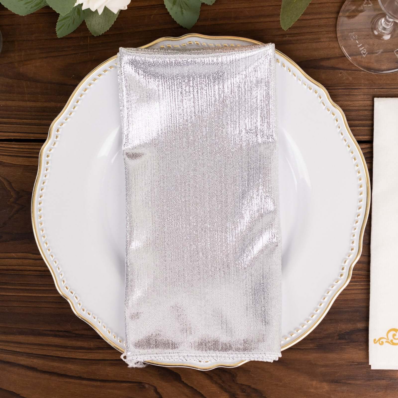 5 Pack Polyester 20"x20" Napkins Silver Shimmer Sequin Dots - Luminous Cloth Napkins