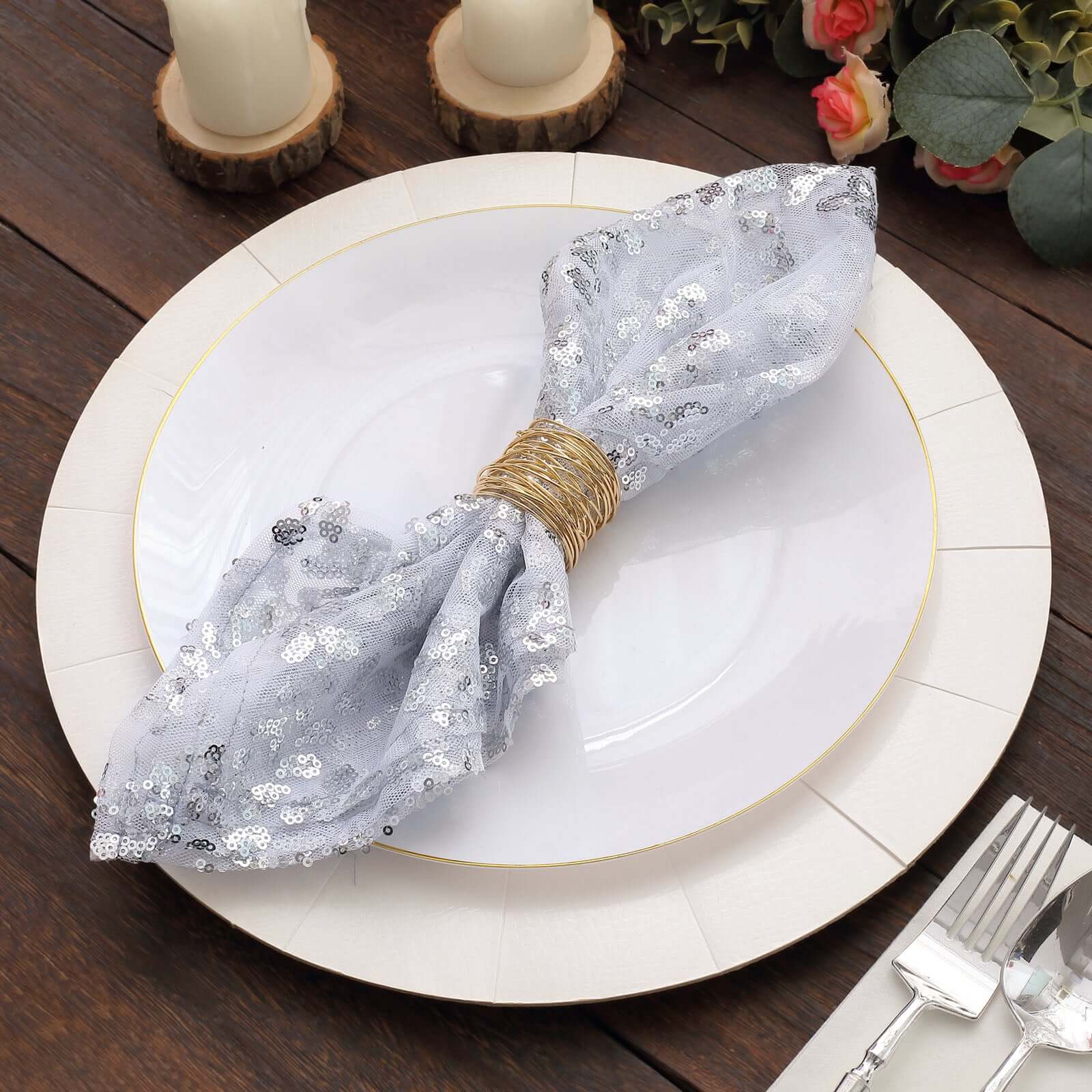 Sequin Tulle 20"x20" Napkin Silver - Embroidered Leaf Vine Dinner Napkins