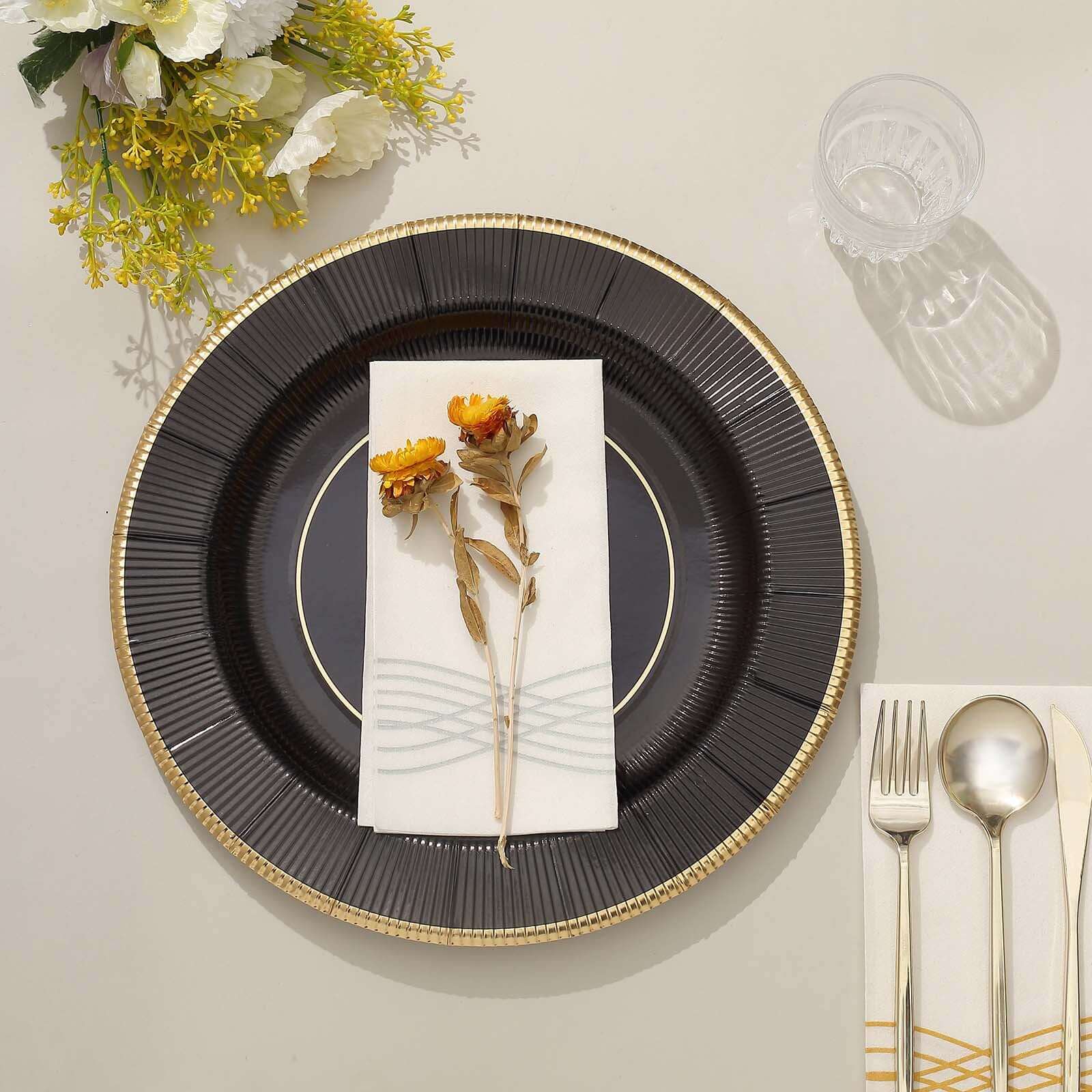 25-Pack Disposable Round Charger Plates in Black Sunray Design with Gold Rim - 350GSM Heavy Duty Paper Chargers 13"