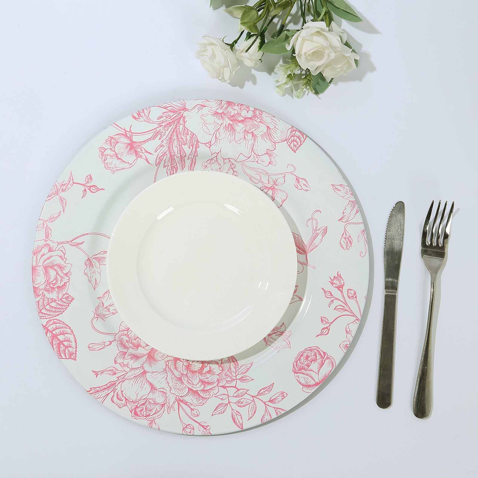 6-Pack Acrylic Round Charger Plates 13" in White with Pink Floral French Toile Pattern, Decorative Dinner Party Charger Tableware