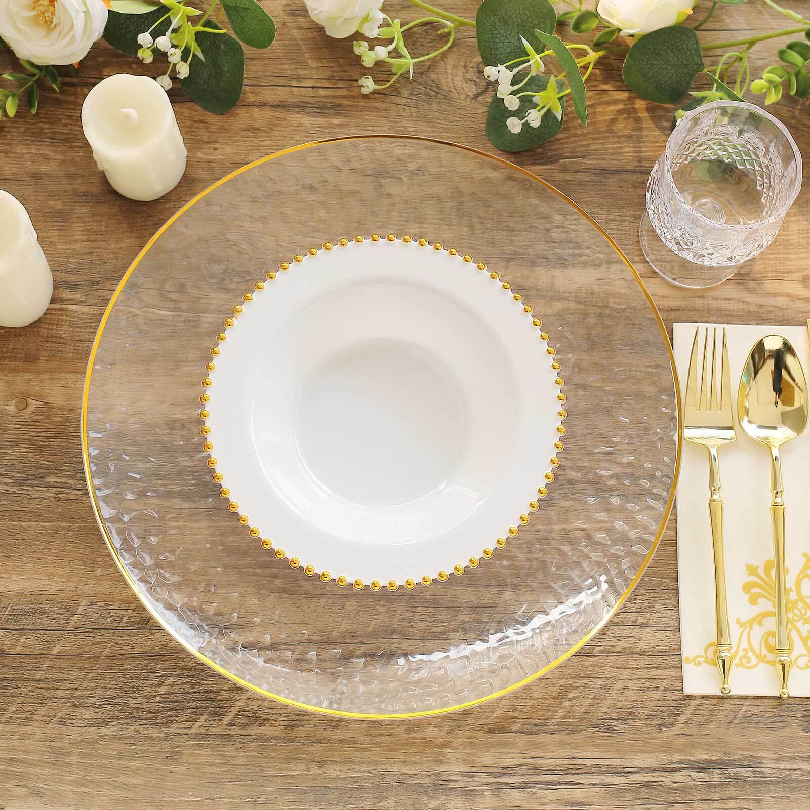 10-Pack Plastic Dessert Salad Bowls White Round Design with Gold Beaded Rim - Disposable Soup Bowls 12oz