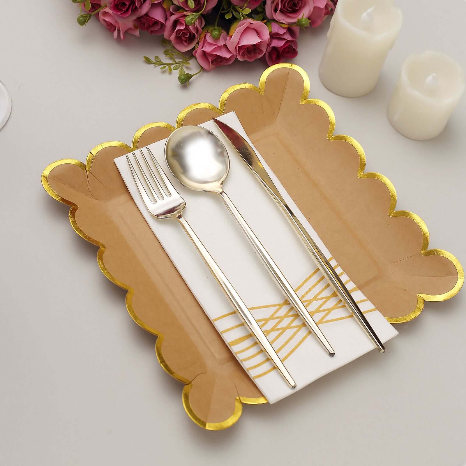 25-Pack Paper 9" Square Dinner Plates in Natural Brown with Gold Scalloped Rim - Disposable Party Plates for Rustic Gatherings & Chic Events