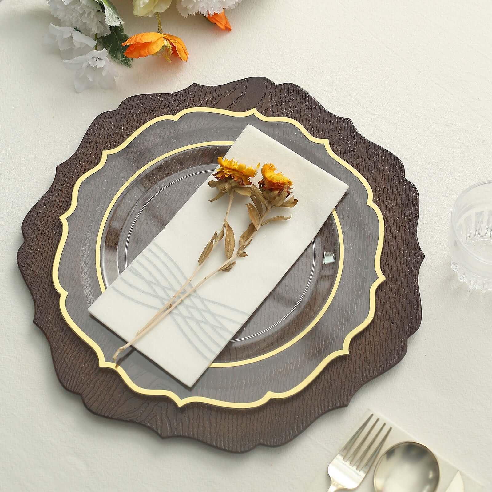 6-Pack Acrylic Round Charger Plates 13" in Rustic Brown with Wood Grain Scalloped Rim, Decorative Dinner Party Charger Tableware
