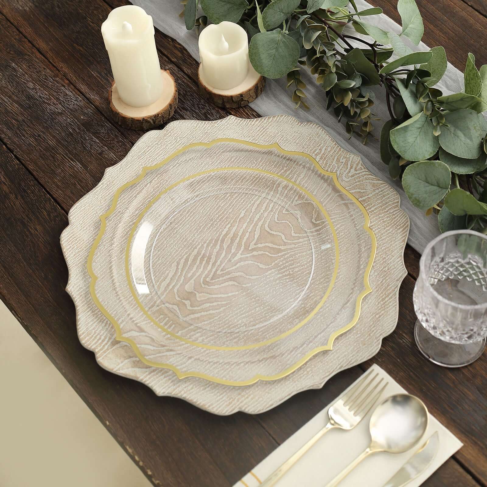 6-Pack Acrylic Round Charger Plates 13" in Rustic White with Wood Grain Scalloped Rim, Decorative Dinner Party Charger Tableware
