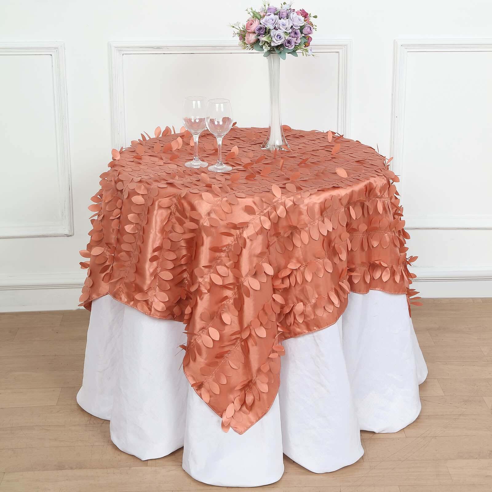 Taffeta 54"x54" Table Overlay Square Tablecloth Terracotta 3D Leaf Petal Table Cover