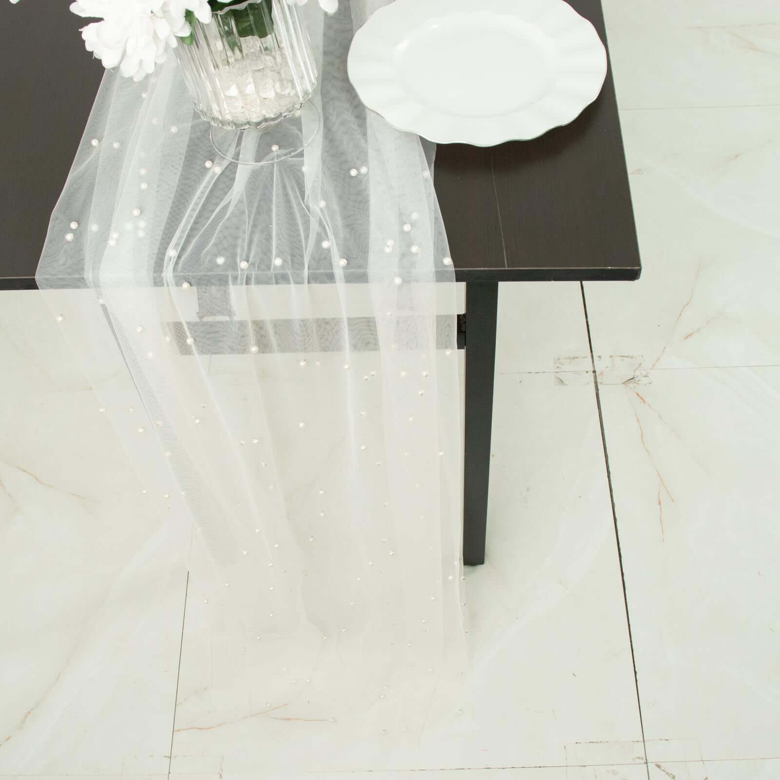 Sheer Tulle 48"x120" Table Runner White Pearl Embellished - Stylish Wedding & Event Table Linen
