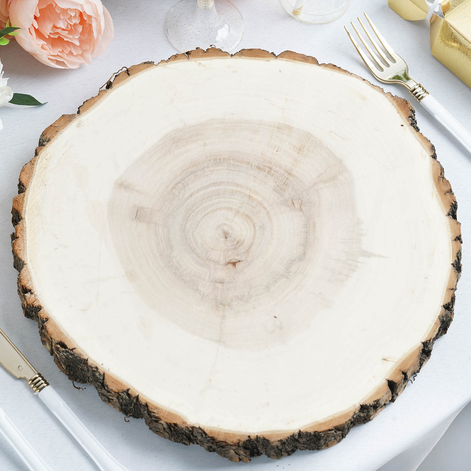 15" Dia Natural Wood Charger Plates With Bark Edge Wood Slice Chargers Rustic Wedding Table Settings