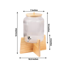 1 Gallon Clear Ribbed Glass Beverage Dispenser, Round Juice Jar with Wooden Stand and Lid - Lead-Free Countertop Feature 14"