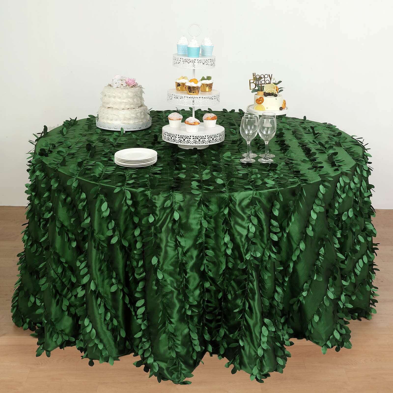 Taffeta 132" Round Tablecloth Green Leaf | 3D Leaf Petal Design Seamless Table Cover