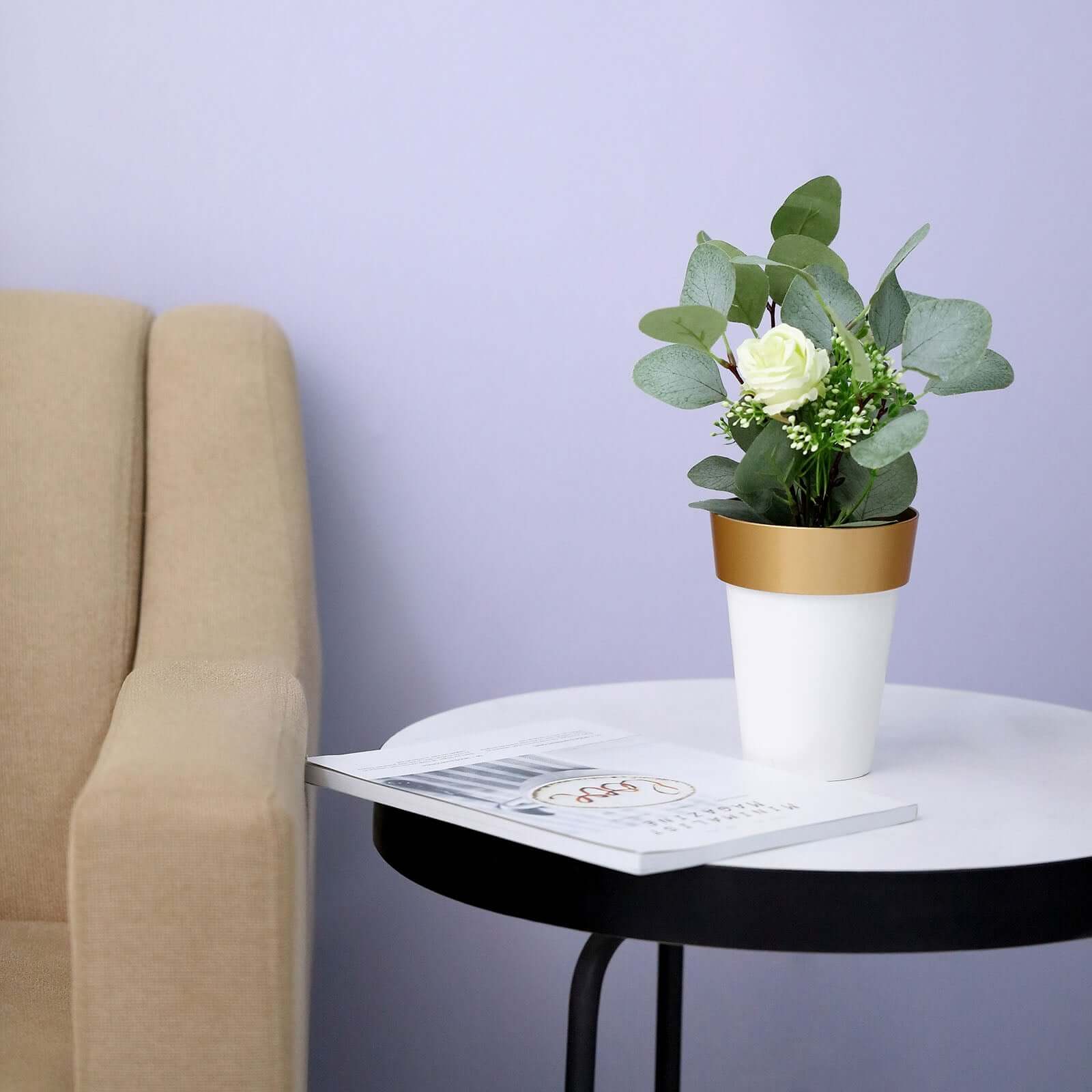 2-Pack Flower Plant Pots Medium Design White with Gold Rim - Plastic Indoor Decorative Planters 6"