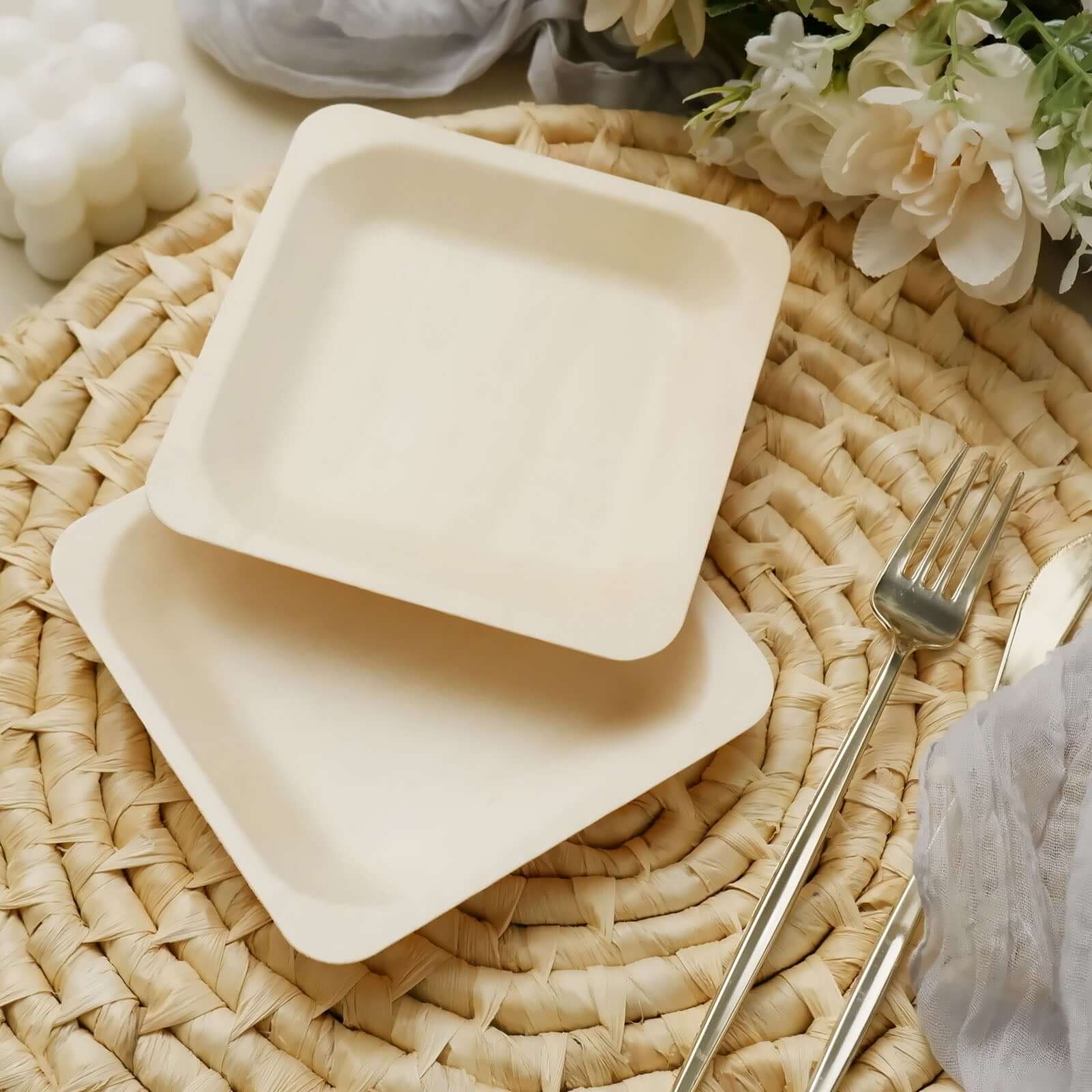 25 Pack 6" Square Eco Friendly Birchwood Wooden Dessert, Appetizer Plates