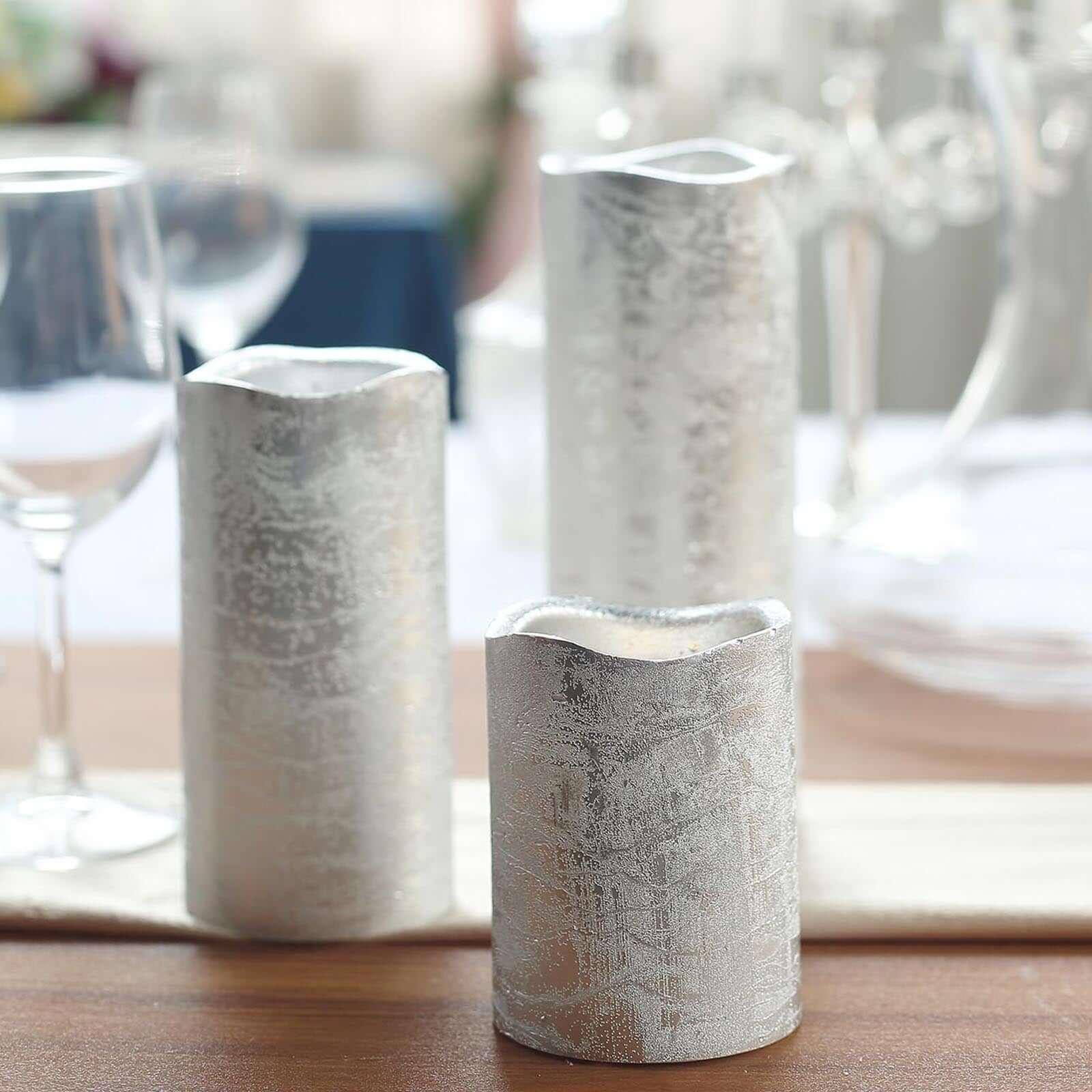 Set of 3 LED Flameless Pillar Candles Remote Operated Metallic Silver - Battery Powered 4", 6", 8"