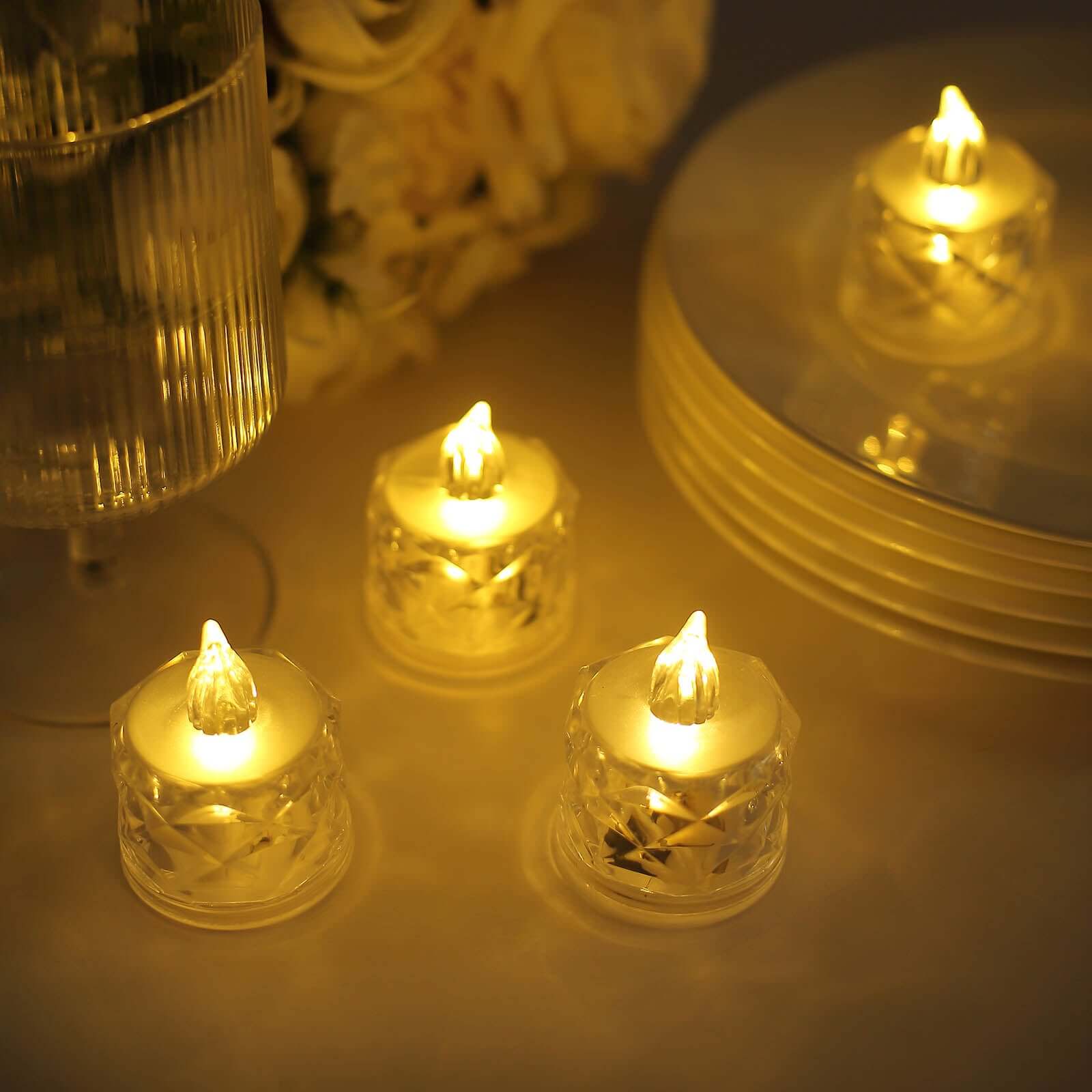 12-Pack LED Flameless Lighting Diamond Style Warm White - Battery Operated Tealight Candles 2"