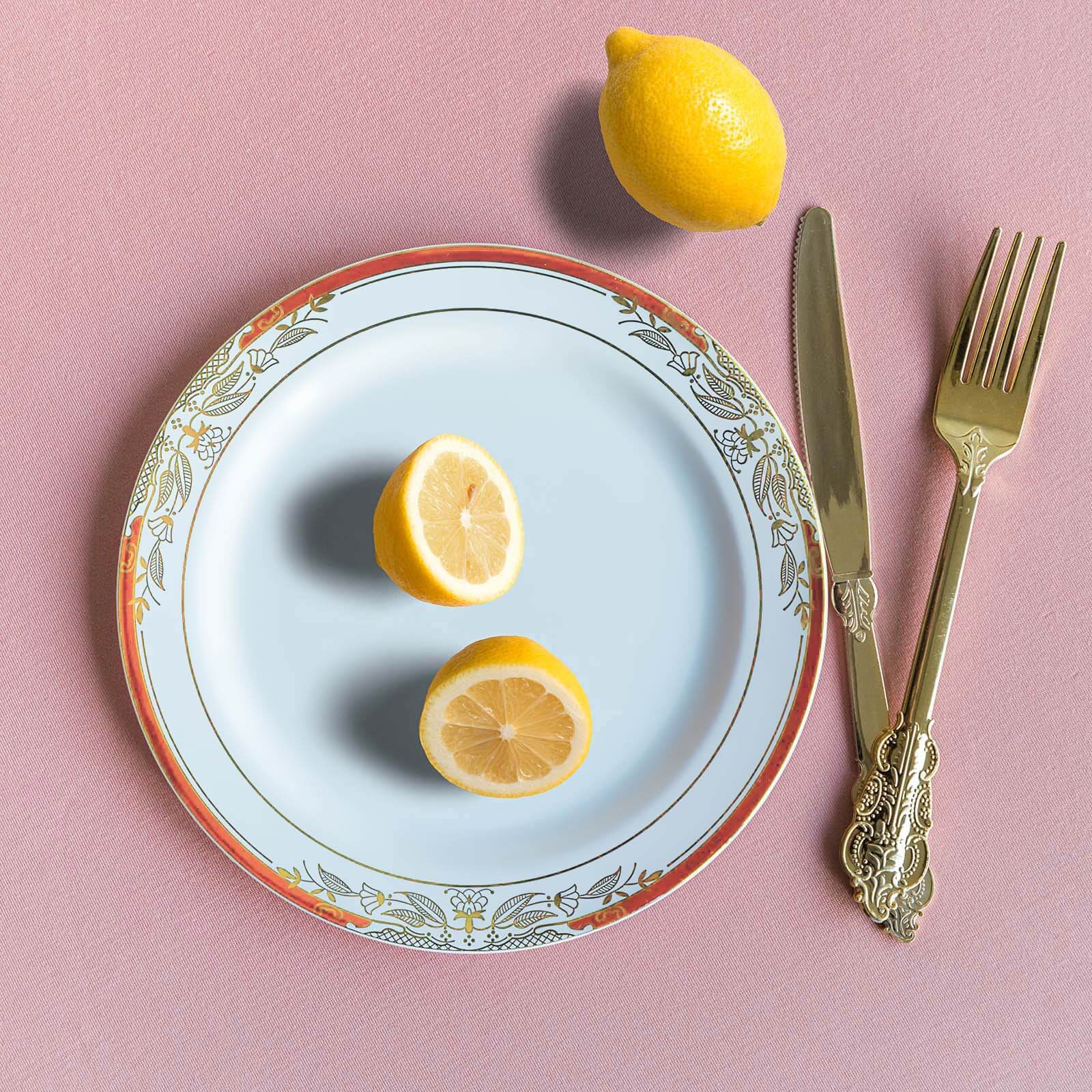 10-Pack Plastic 8" Round Dessert Plates in White with Red Rim - Stylish Gold Vine Design Disposable Salad/Appetizer Plates for Special Occasions & Celebrations