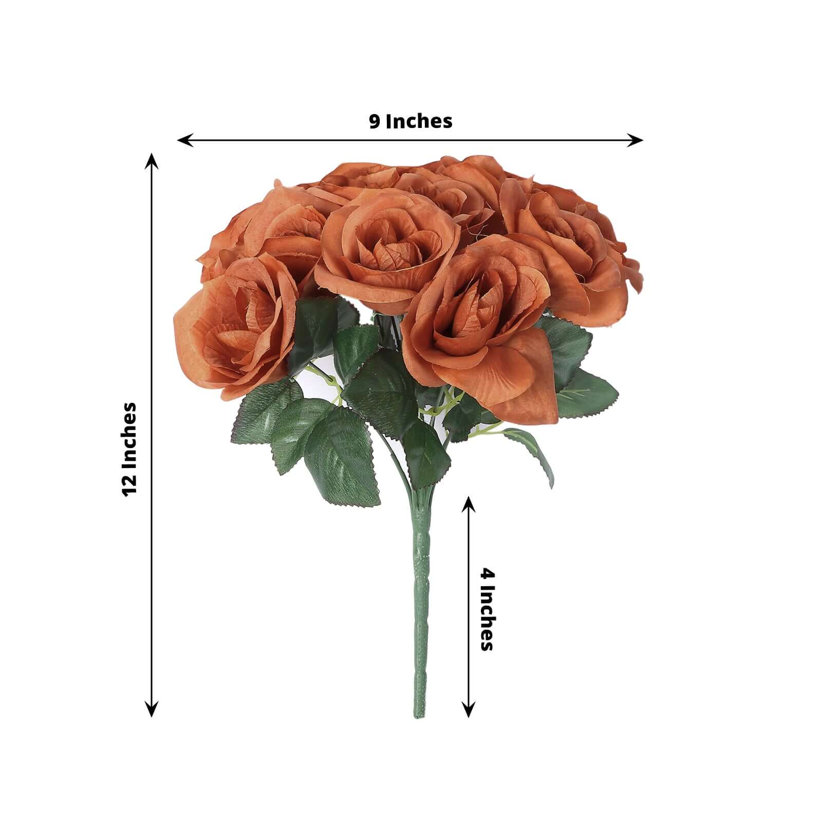 12" Terracotta (Rust) Artificial Velvet-Like Fabric Rose Flower Bouquet Bush