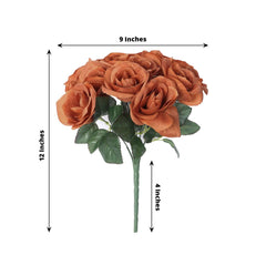 12" Terracotta (Rust) Artificial Velvet-Like Fabric Rose Flower Bouquet Bush