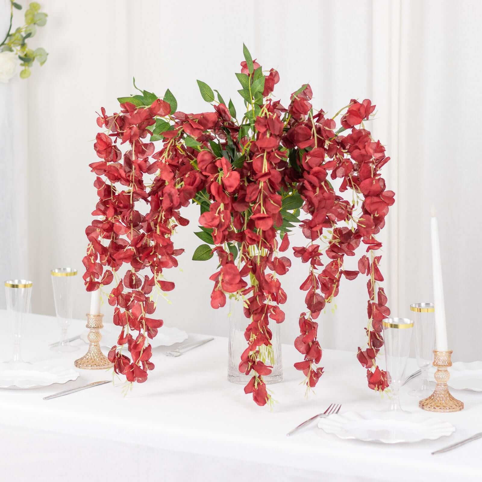 5 Pack 44" Silk Hanging Wisteria Flower Garland Vines in Burgundy, 3 Strands in 1 Bush