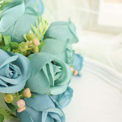 3 Pack 13" Dusty Blue Real Touch Silk Rose Bud Flower Bridal Bouquets, Artificial Floral Bush Arrangements