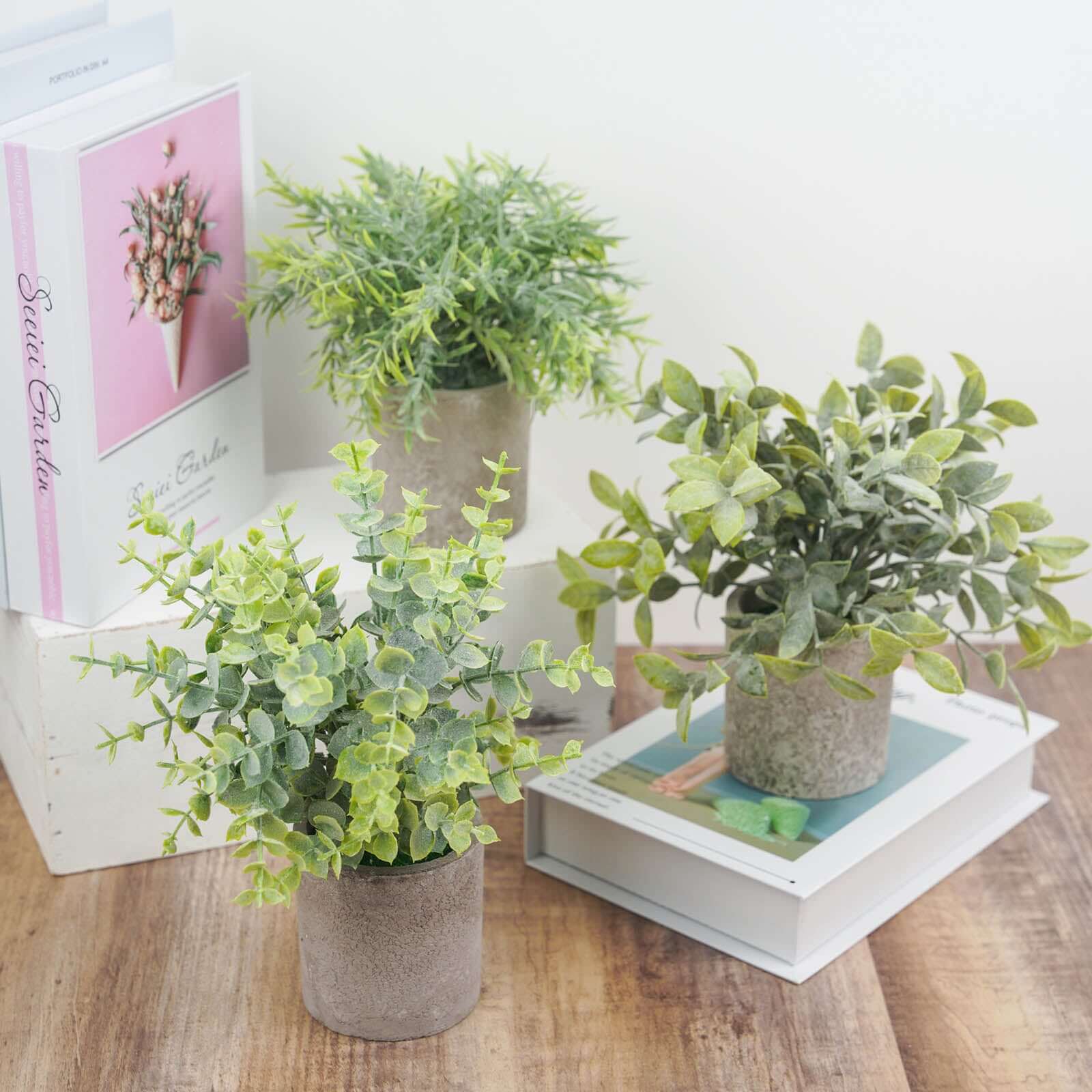 3 Plant Set Mini Potted Artificial Eucalyptus, Rosemary and Boxwood Faux Planter Collection - Small Decorative Faux Herb Garden for Desk Countertops Table Shelf Display 9"