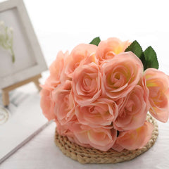 12" Peach Artificial Velvet-Like Fabric Rose Flower Bouquet Bush