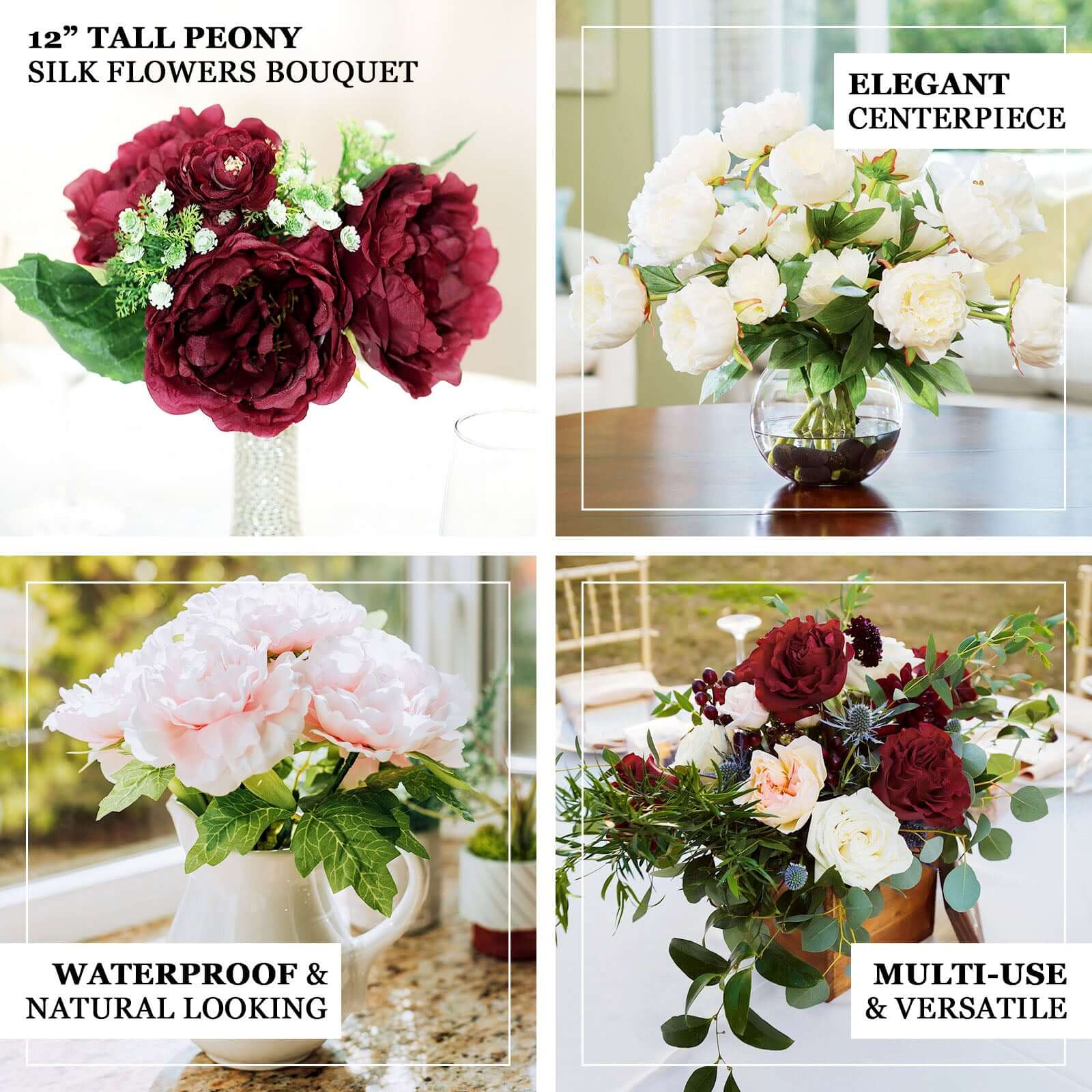 12" Burgundy Artificial Silk Peonies Bouquet, Faux Peony Spray Bush