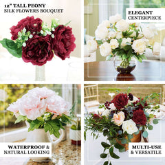 12" Burgundy Artificial Silk Peonies Bouquet, Faux Peony Spray Bush
