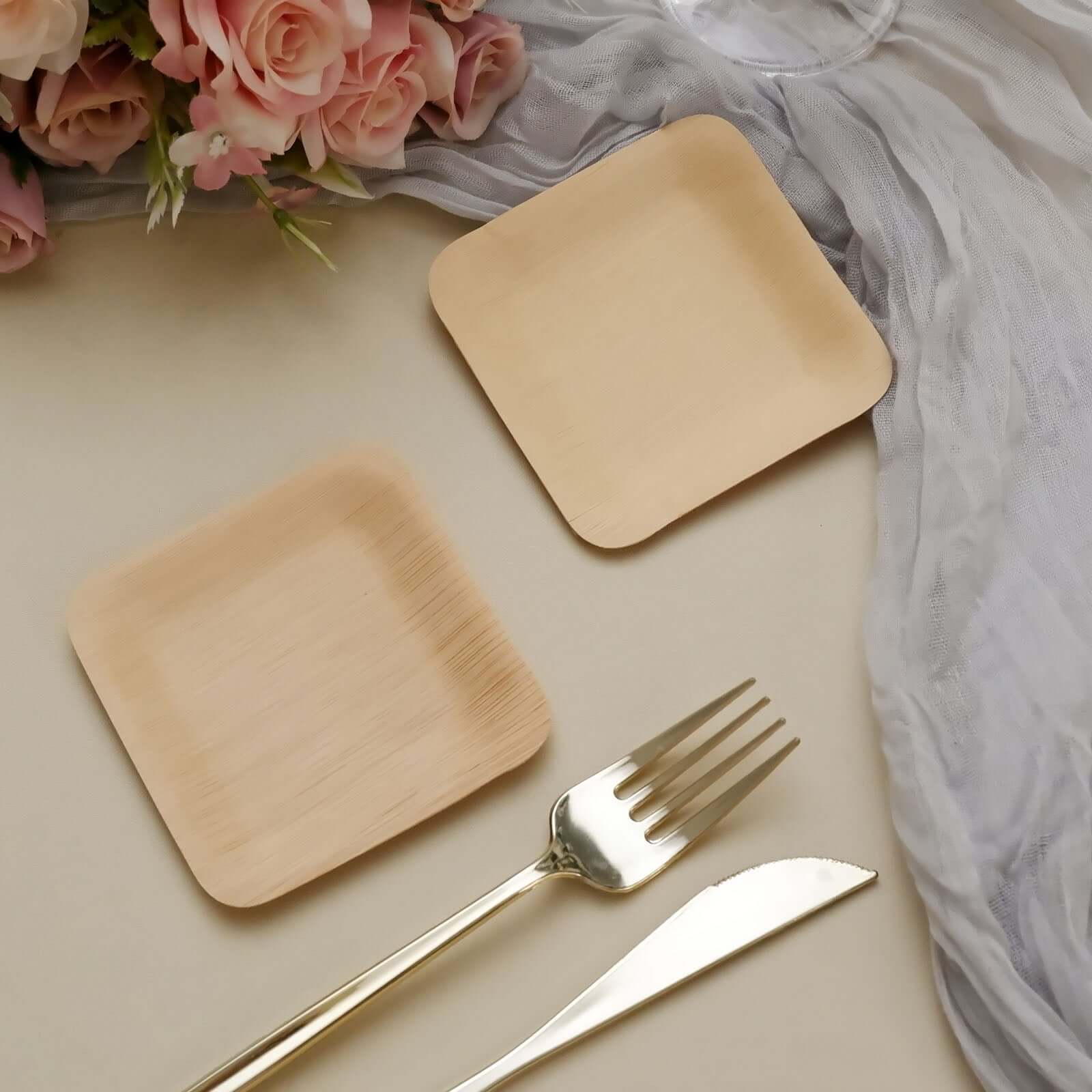 25-Pack Bamboo 3.5" Square Dessert Plates - Natural Eco Friendly Disposable Dinnerware for Farmhouse-Style Events, Parties & Gatherings