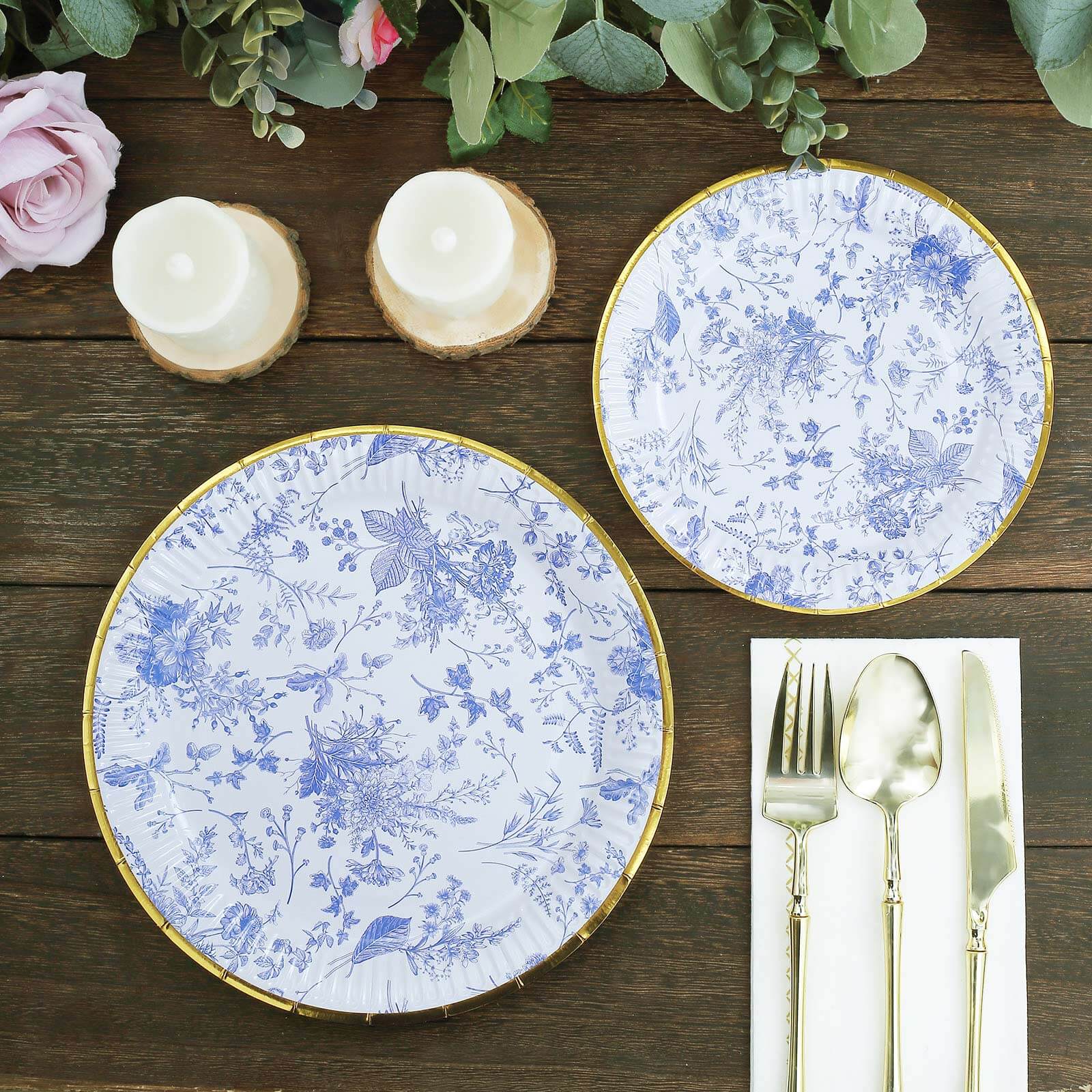 25-Pack Paper 9" Round Dinner Plates in White with Light Blue French Toile Pattern & Gold Rim - Disposable Party Plates for Picnics & Chic Brunches