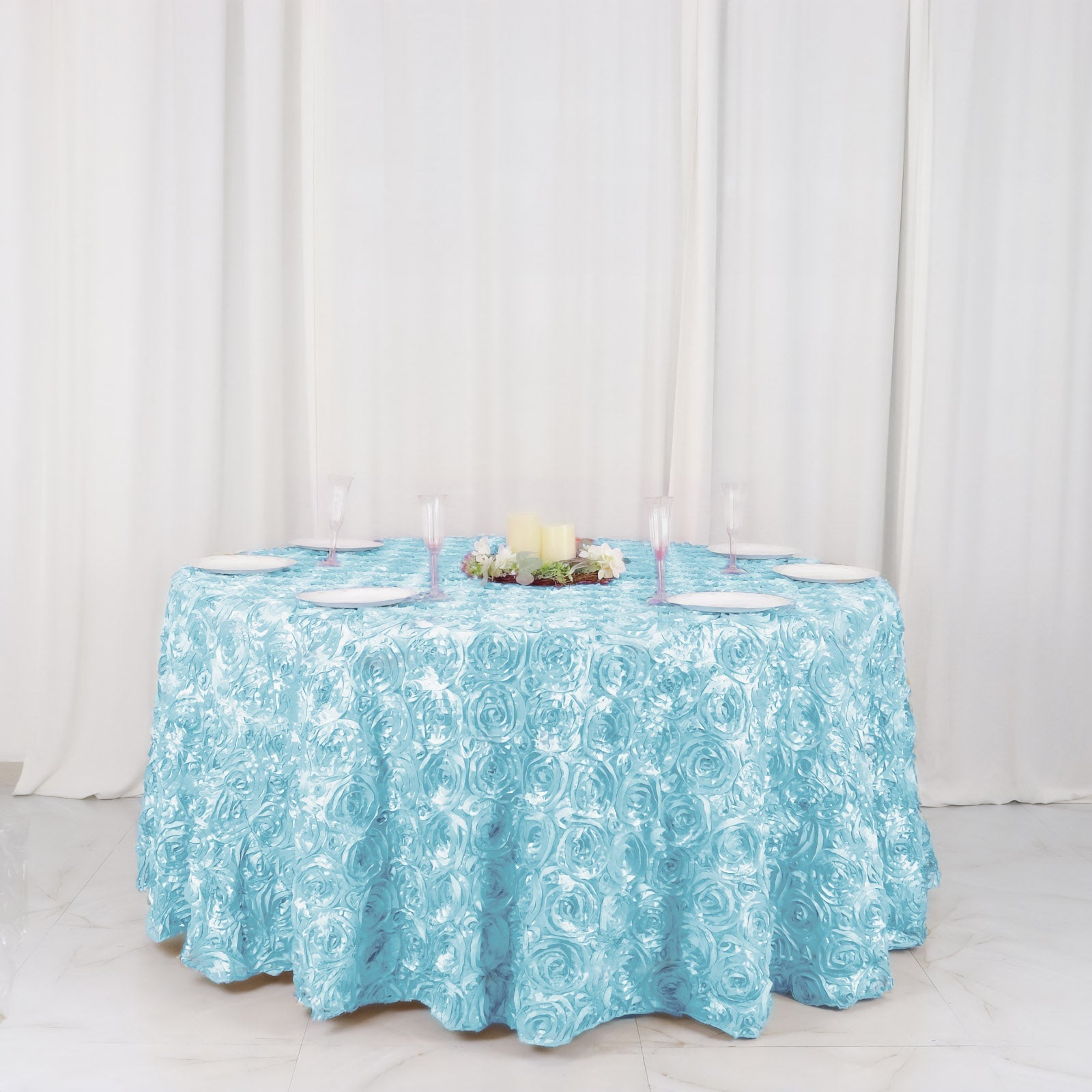 Satin 120" Round Tablecloth Light Blue - Grandiose 3D Rosette with Seamless Finish Table Cover