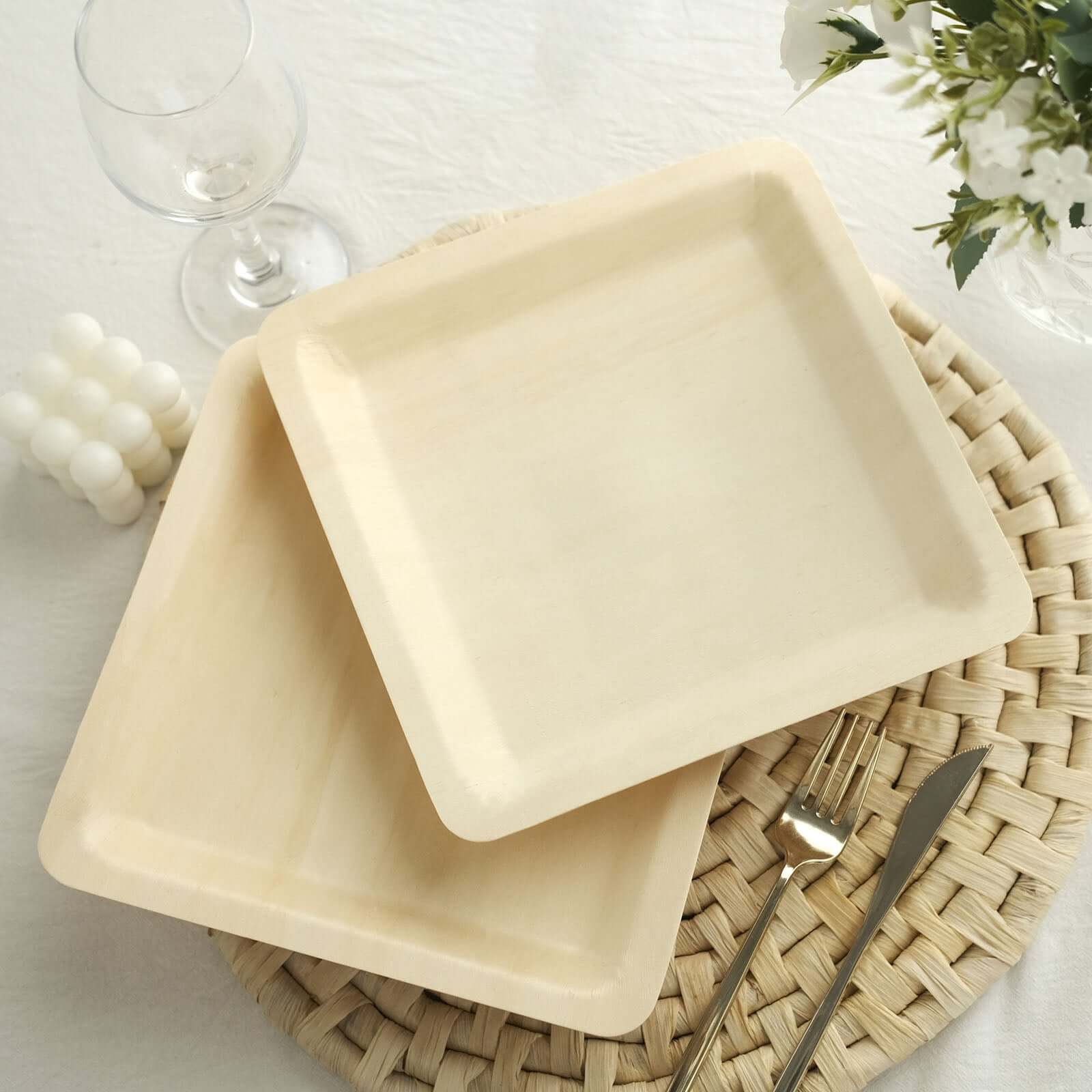 25-Pack Poplar Wood 9" Square Dinner Plates - Natural Eco Friendly Wooden Disposable Plates for Farmhouse-Style Events, Parties & Gatherings