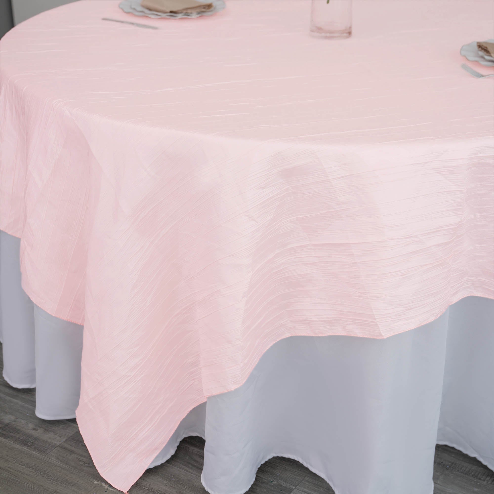 Taffeta 90"x90" Table Overlay Square Tablecloth Blush- Accordion Crinkle Table Cover