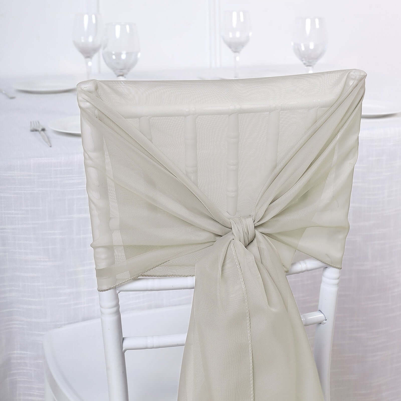 5 Pack Premium Chiffon Chair Sashes Beige - Soft & Lightweight Designer Chair Bows 22"x78"
