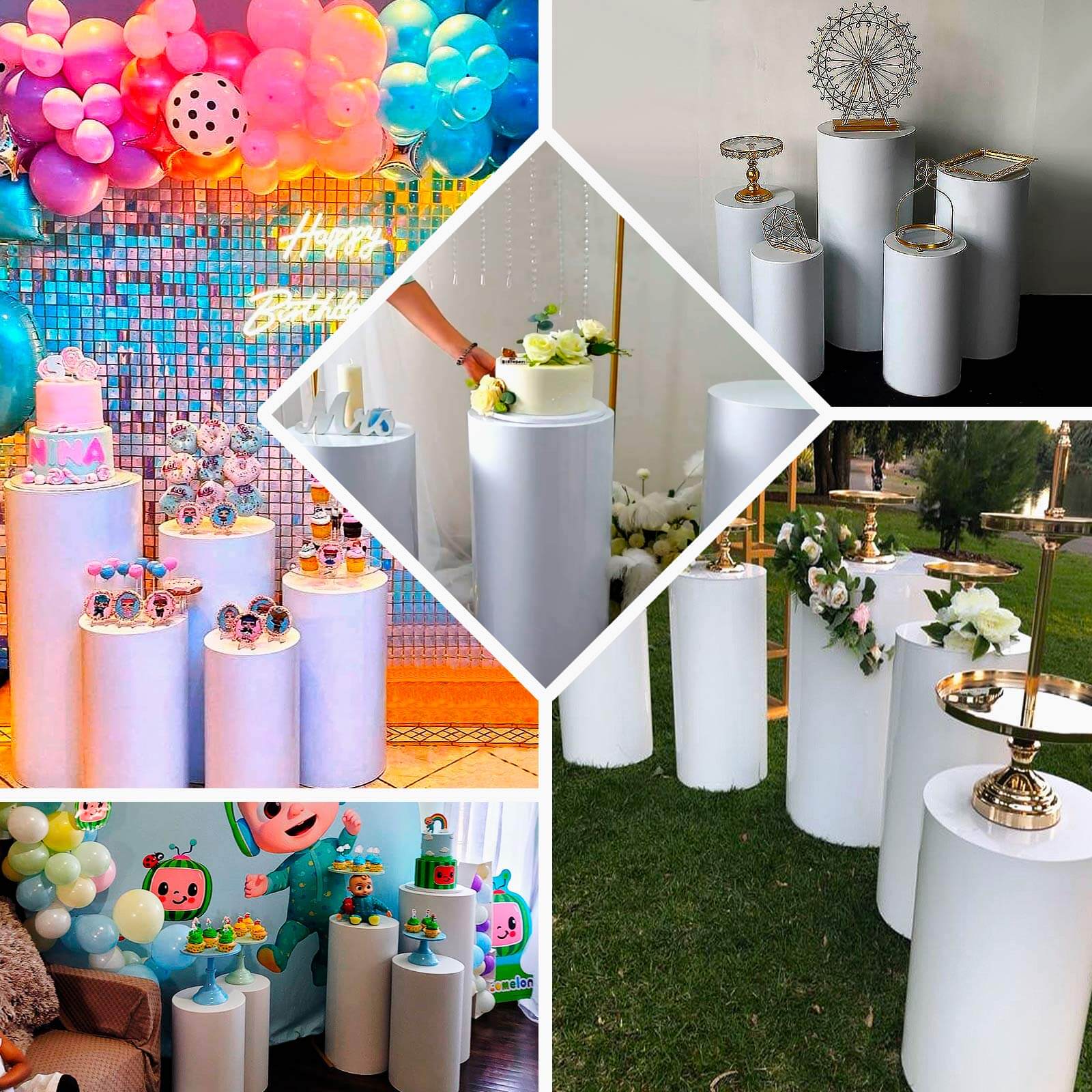 Set of 5 White Metal Cylinder Pillar Prop Stands For Wedding Aisle, Round Plinth Pedestal Display Boxes - 20", 22", 24", 30", 34"