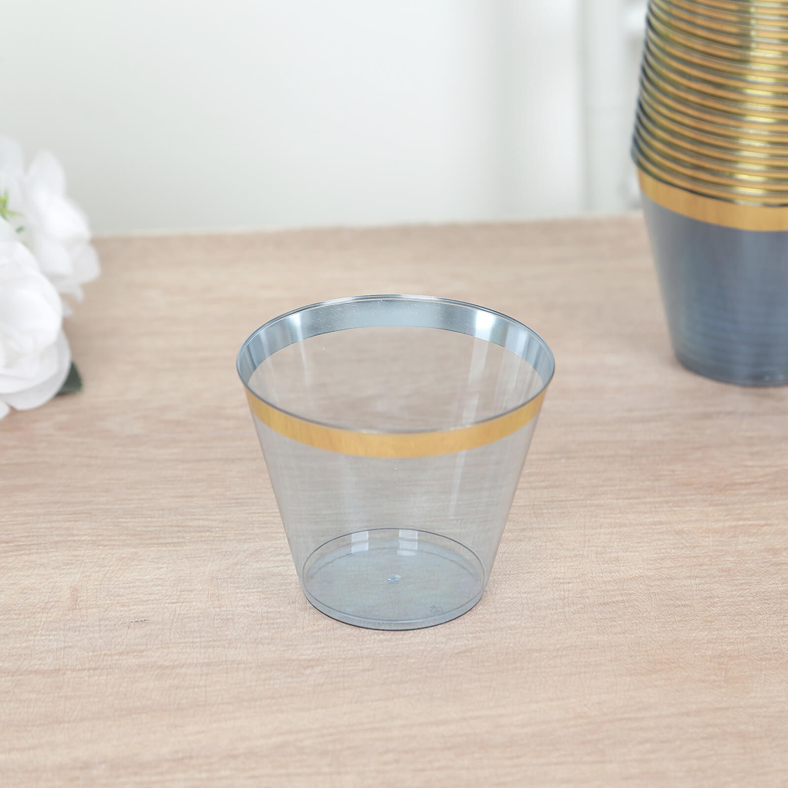 25-Pack Plastic Party Cups Transparent Dusty Blue Crystal with Gold Rim - Stylish Short Disposable Glasses 9oz