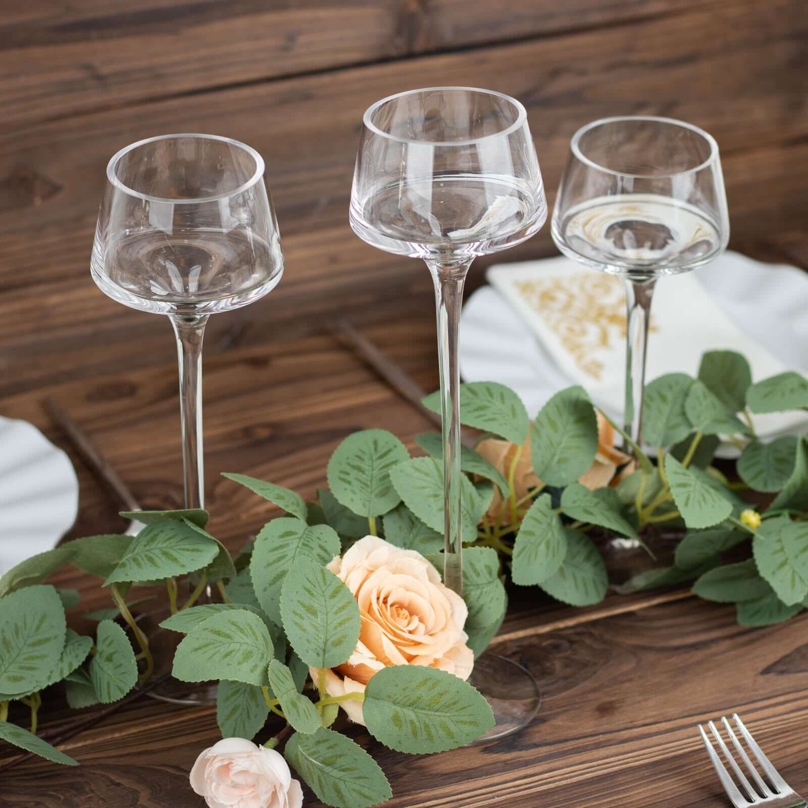 Set of 3 Glass Pedestal Vases Long Stem Clear - Tall Disc Candle Holders for Floral Centerpieces 8", 9", 10"